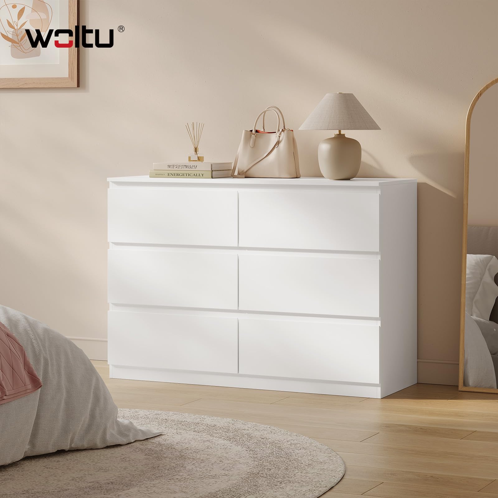 WOLTU Cassettiera, Mobiletto Salvaspazio | con 6 Cassetti, in Stile Moderno per Soggiorno, Camera da Letto e Corridoio, 100 x 36 x 69 cm, Bianco, Legno