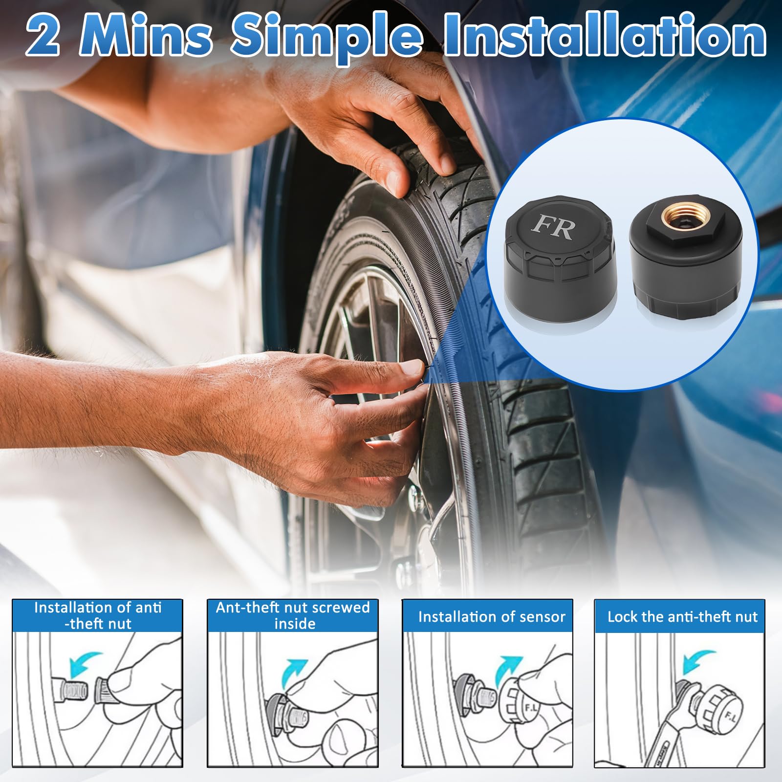 Reifendruckkontrollsystem mit Solarladung, TPMS Reifendruckkontrollsystem mit 4 externen Sensoren und 5 Alarmmodi, Echtzeitüberwachung Druck und Temperatur, geeignet für Fahrzeuge mit 4 Rädern