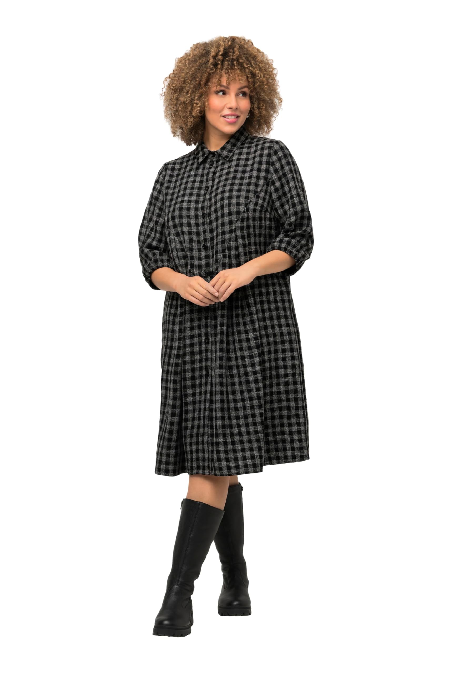 Ulla Popken Damen große Größen Übergrößen Plus Size Karokleid, A-Linie, Hemdragen, 3/4-Arm, Midikleid 821202