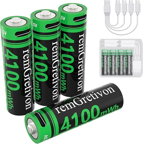 Paquete de 4 baterías AA de litio recargables de 4100 mWh, voltaje variable de 1.5 V con alarma de baja potencia, más de 2500 ciclos para cerraduras