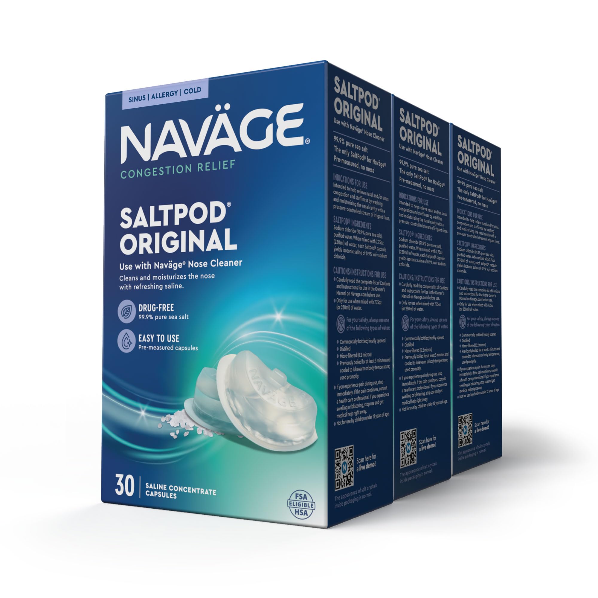 Navage SaltPod Saline Concentrated Capsules, 30 Count x 3 Boxes (Navage Only)