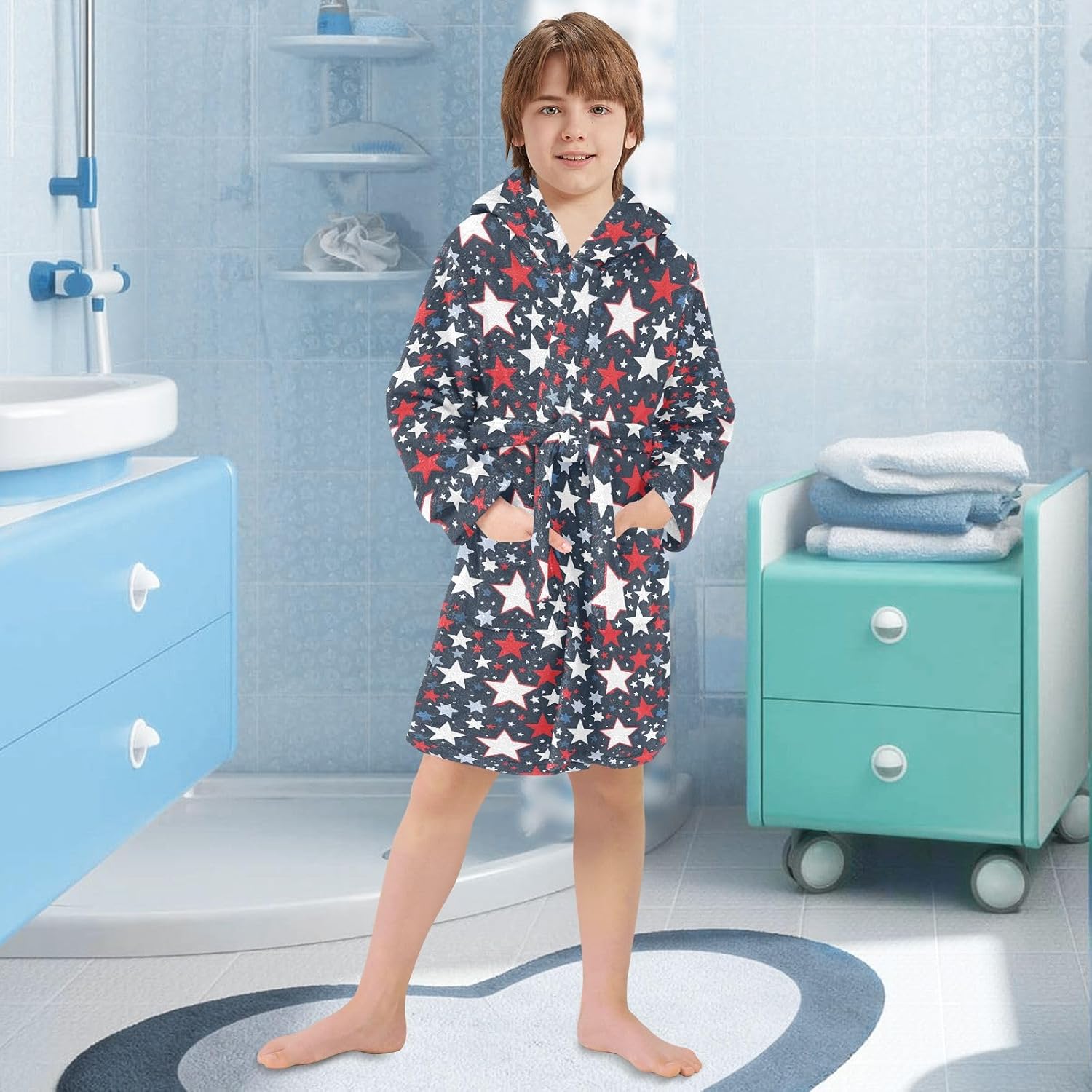 Cartoon Red Blue Stars Toddler Hooded Bathrobe for Boys Girls Soft Plush Bath Towel Robe 2-12 Years