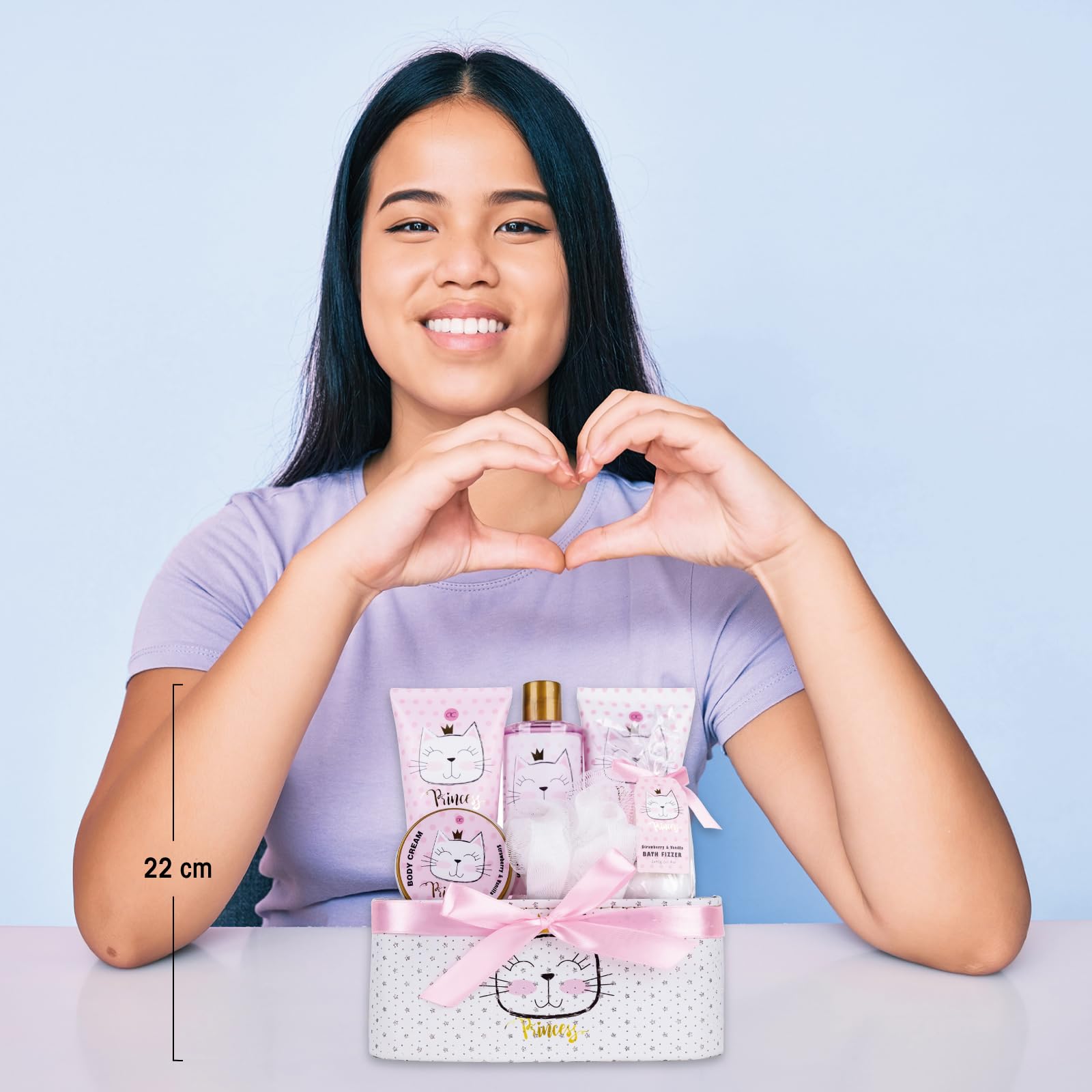 Accentra PRINCESS KITTY Juego de regalo baño mujer 250 ml gel de ducha loción exfoliante crema bombas baño esponja cesta fresa vainilla