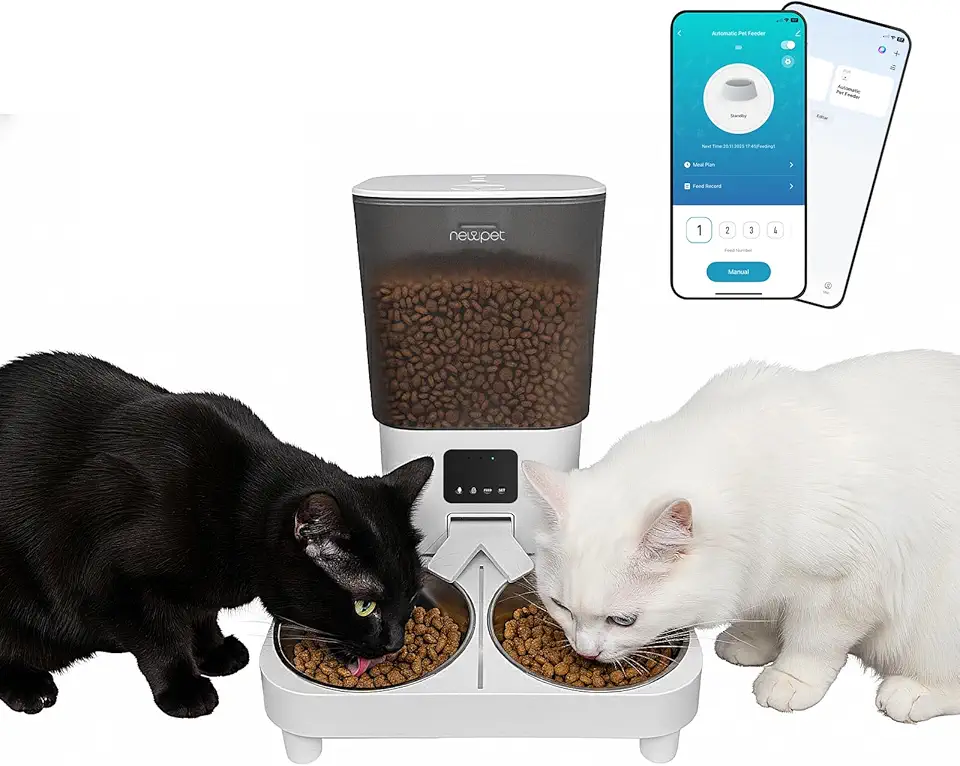 NEWPET Comedouro Elevado para Cäes, Alimentador WIFI Automático Gatos, Controle de Aplicativo WiFi - Gravador de Voz (6L)