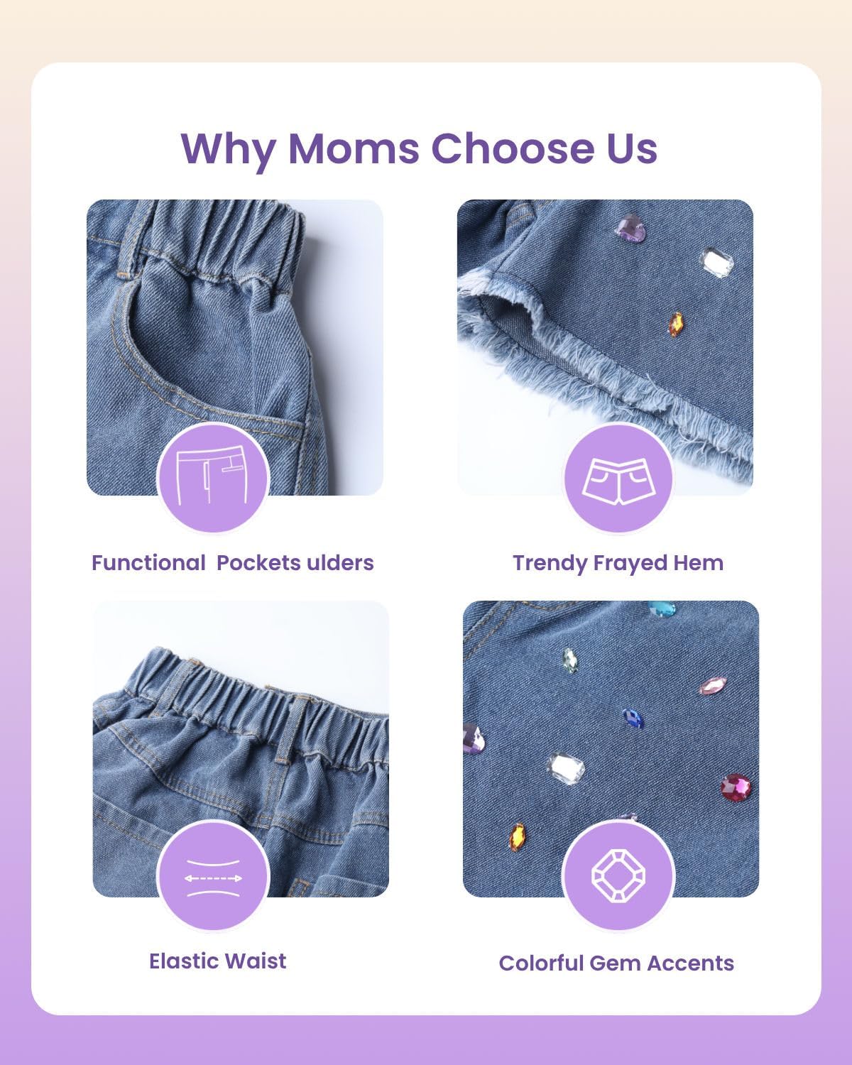 WELAKEN Girl Jean Shorts Rhinestone Ripped Raw Trim Straight Leg High Waist Denim Shorts - Image 4