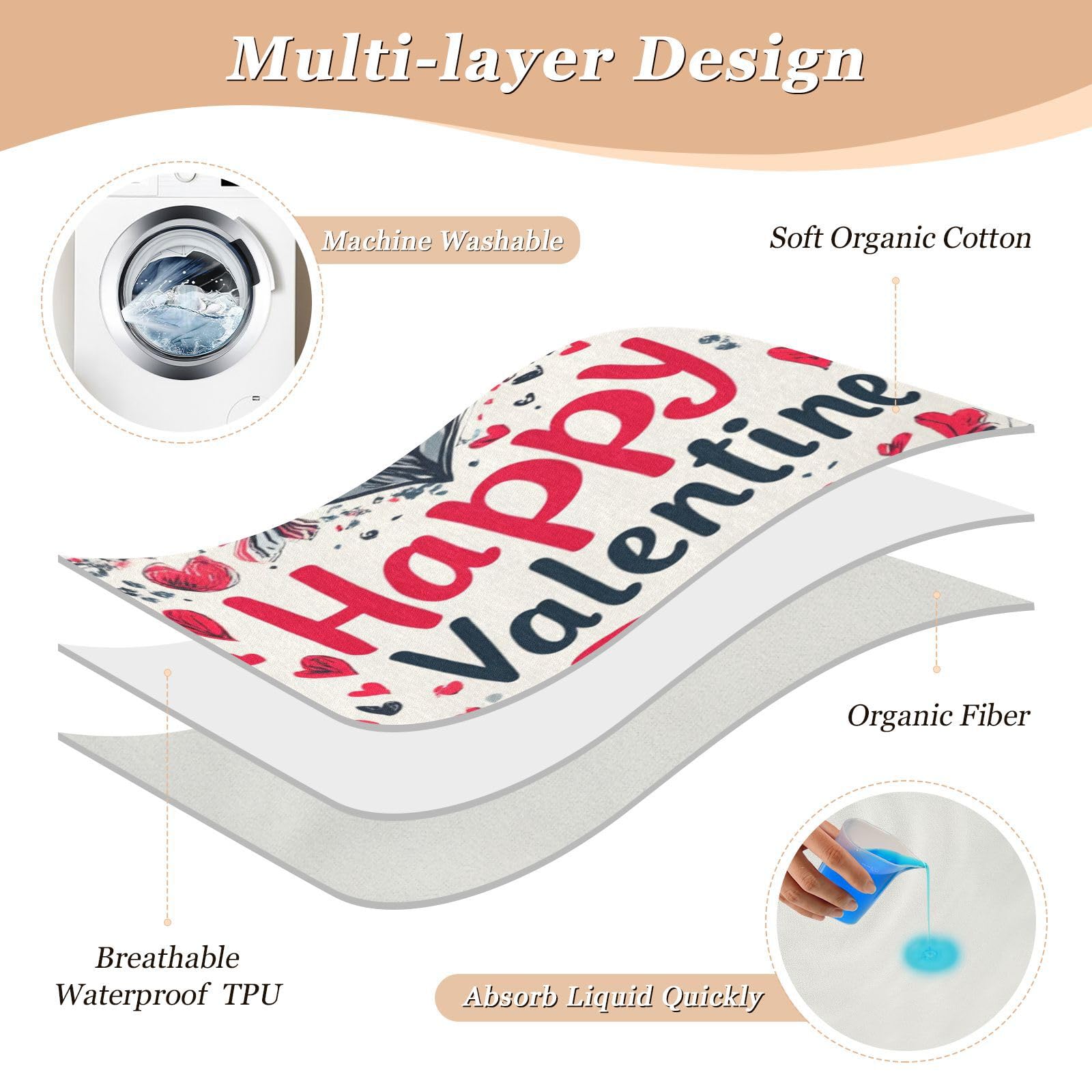 Extra Large Resuable Changing Pad Covers Highly Absorbent Flat Crib Pads Non-Slip Toddler Bedding Products for Toddler Kids 52x34in Florals Love Heart Happy Valentine's Day