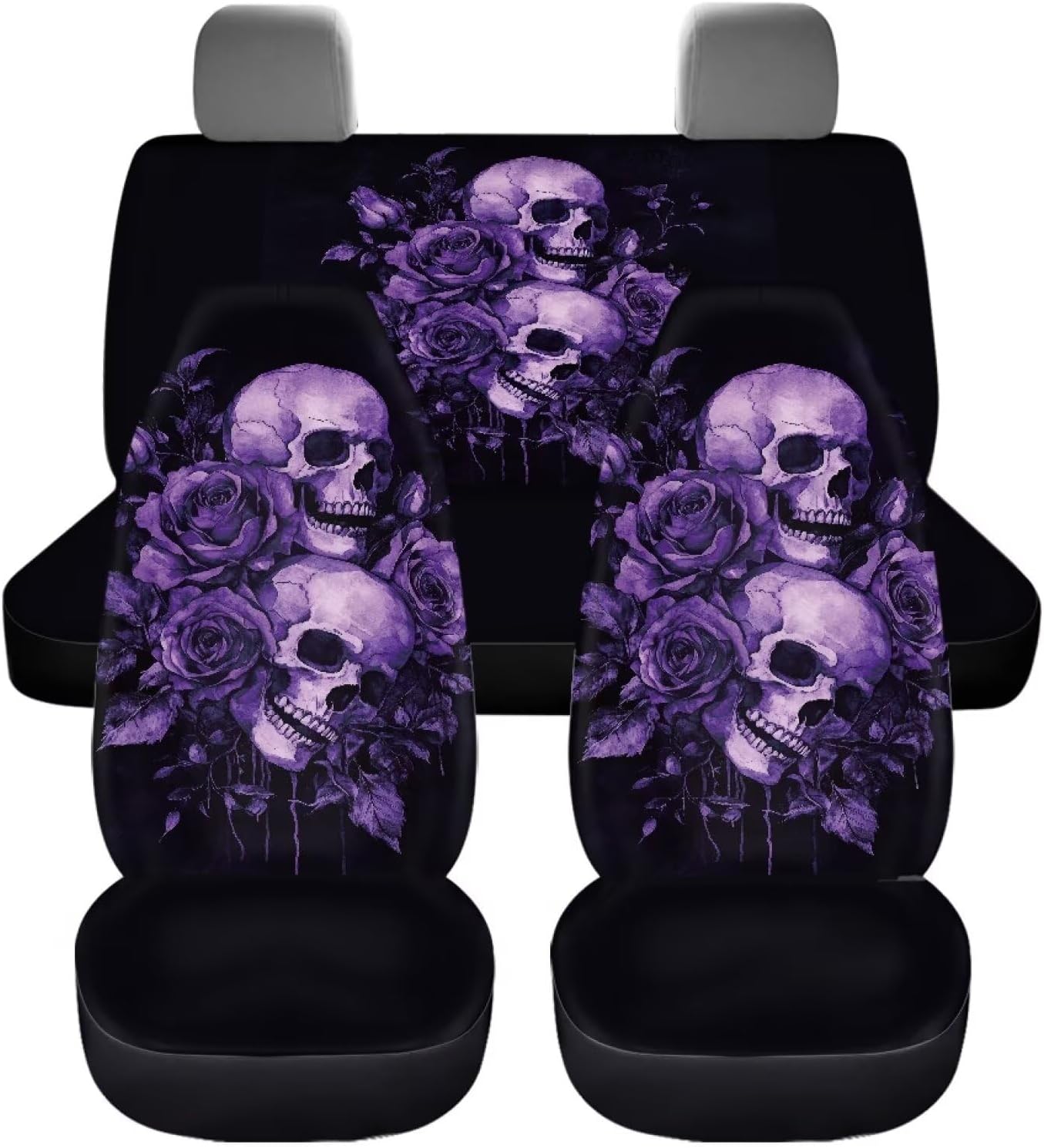 Skull Rose Pattern Seat Cover for Cars, Stain Resistant Automotive Front and Back Seat Protection Set of 4, Elastic Car Accessories Decoration for SUV Van Truck