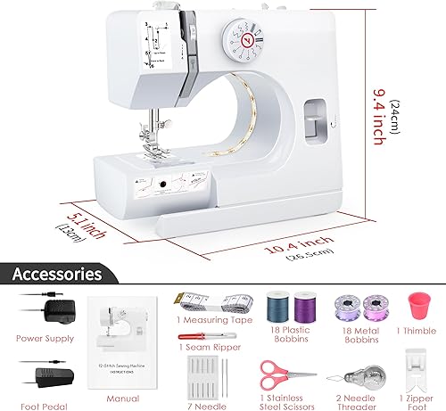 Miniatura 2 de KPCB - Máquina de coser para principiantes, 12 puntadas, versión de tira LED actualizada, máquina de coser eléctrica viene con pedal de pie,