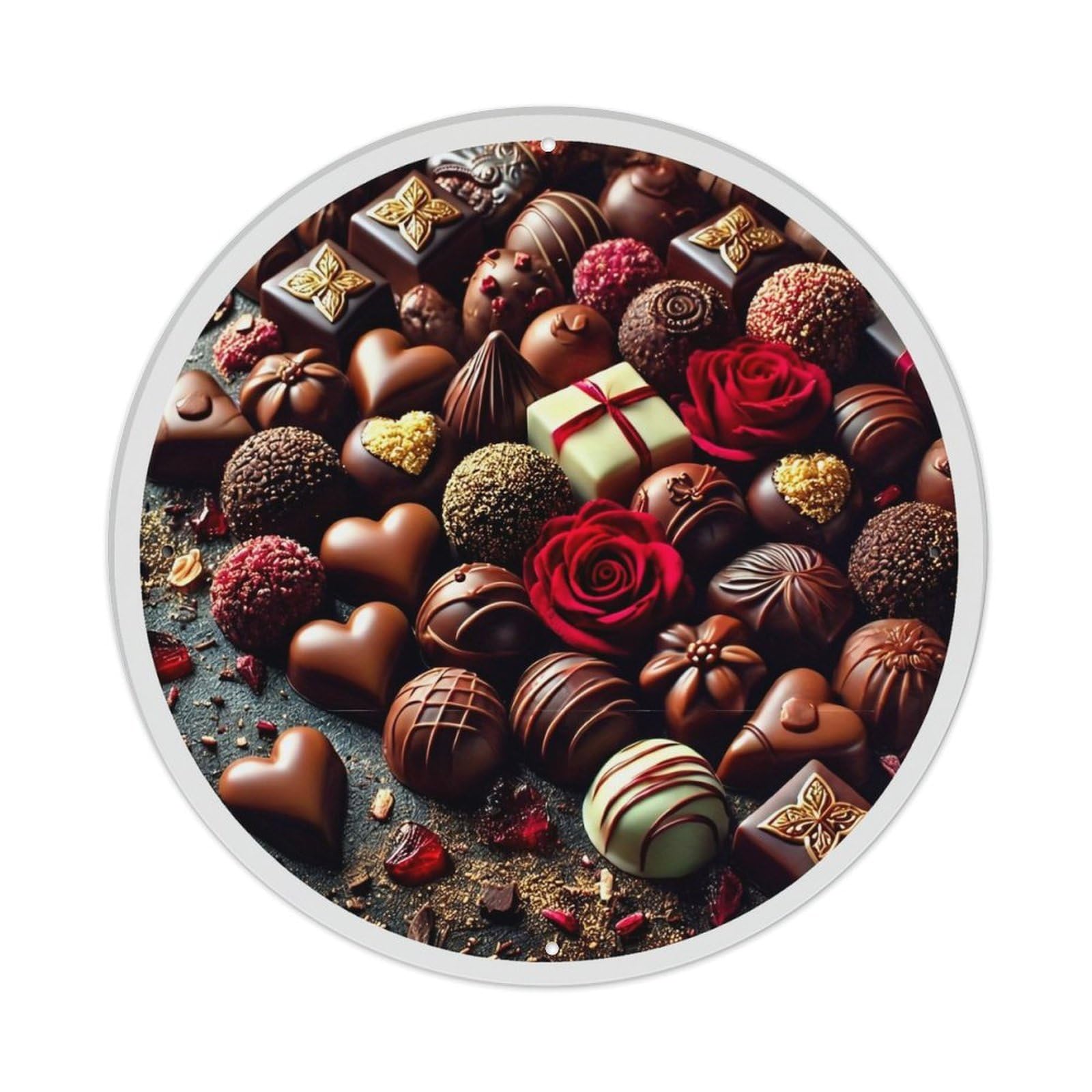Jdyaojiesheng Vintage Chocolate Assortment With Roses And Hearts Round Tin Sign Retro Metal Wall Decor Metal Poster, Home Bar Garage Farmhouse Cafe Wall Art Decoration 8X8inch