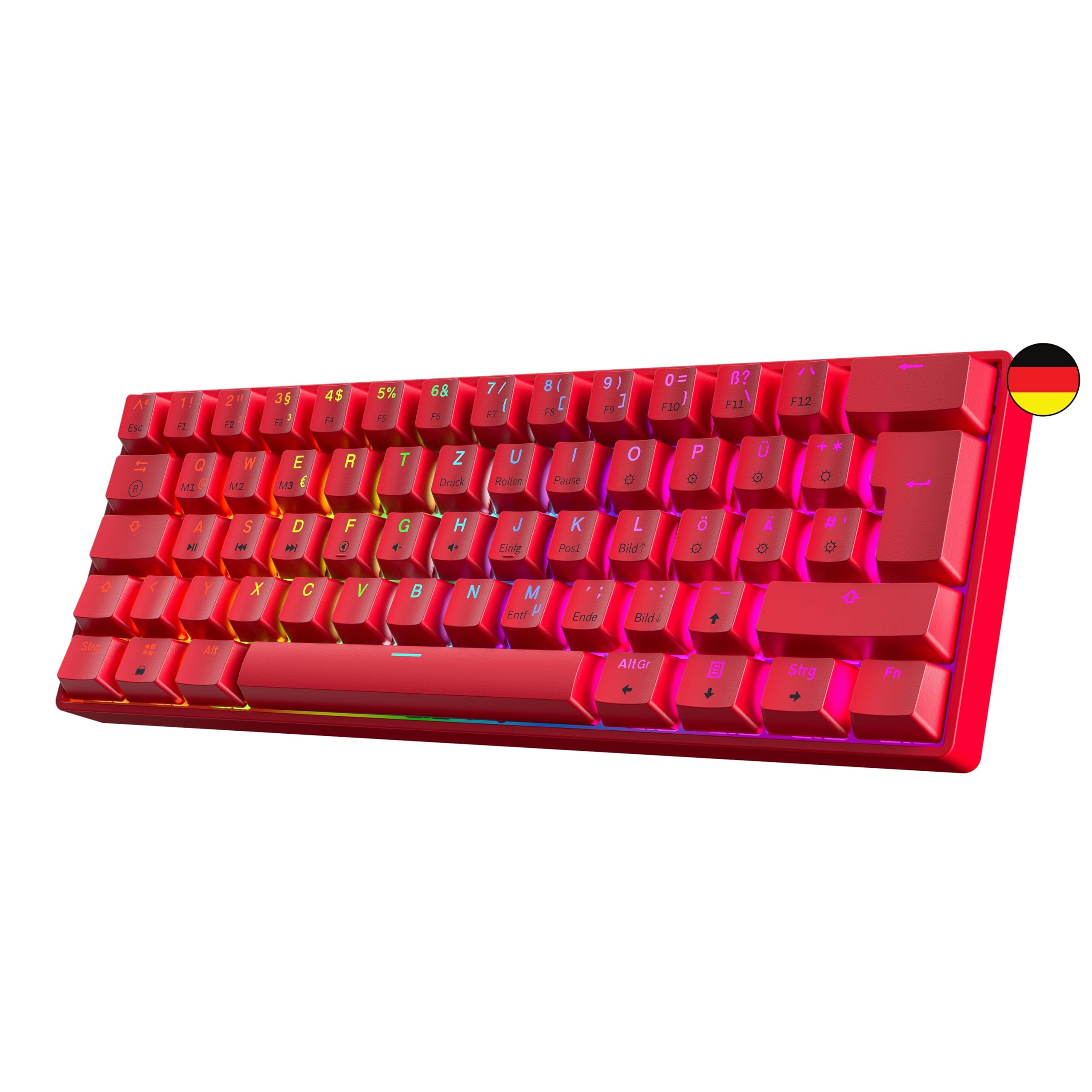GK61 Teclado mecánico para gaming en caliente, 62 teclas, retroiluminación LED RGB multicolor para jugadores de PC y Mac, diseño alemán ISO (Gateron Optical Silver, rojo)