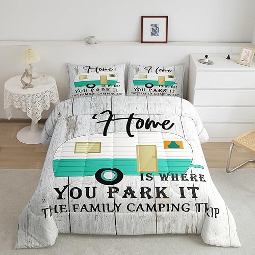 Juego de edredón de tamaño Queen Happy Camping para niños, Home is Where We Park It Down Alternativa para decoración de dormitorio de adultos, casa