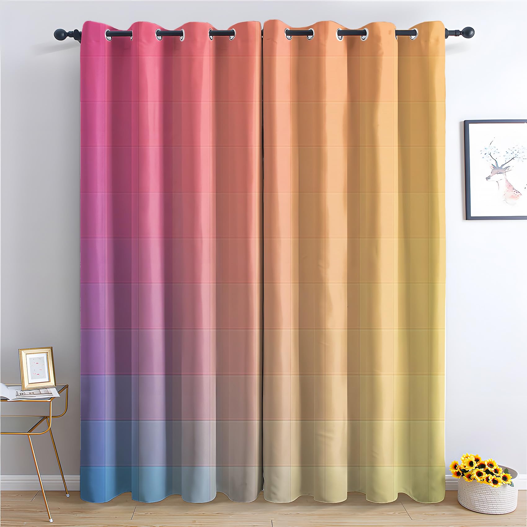 zcwl Gradient Curtains for Bedroom Living Room, Pink Orange Yellow Ombre Patterned Blackout Curtains, Thermal Insulated Eyelet Curtain, 90 Drop Window Treatments Drapes, 66x90 Inch (W x L), 2 Panels