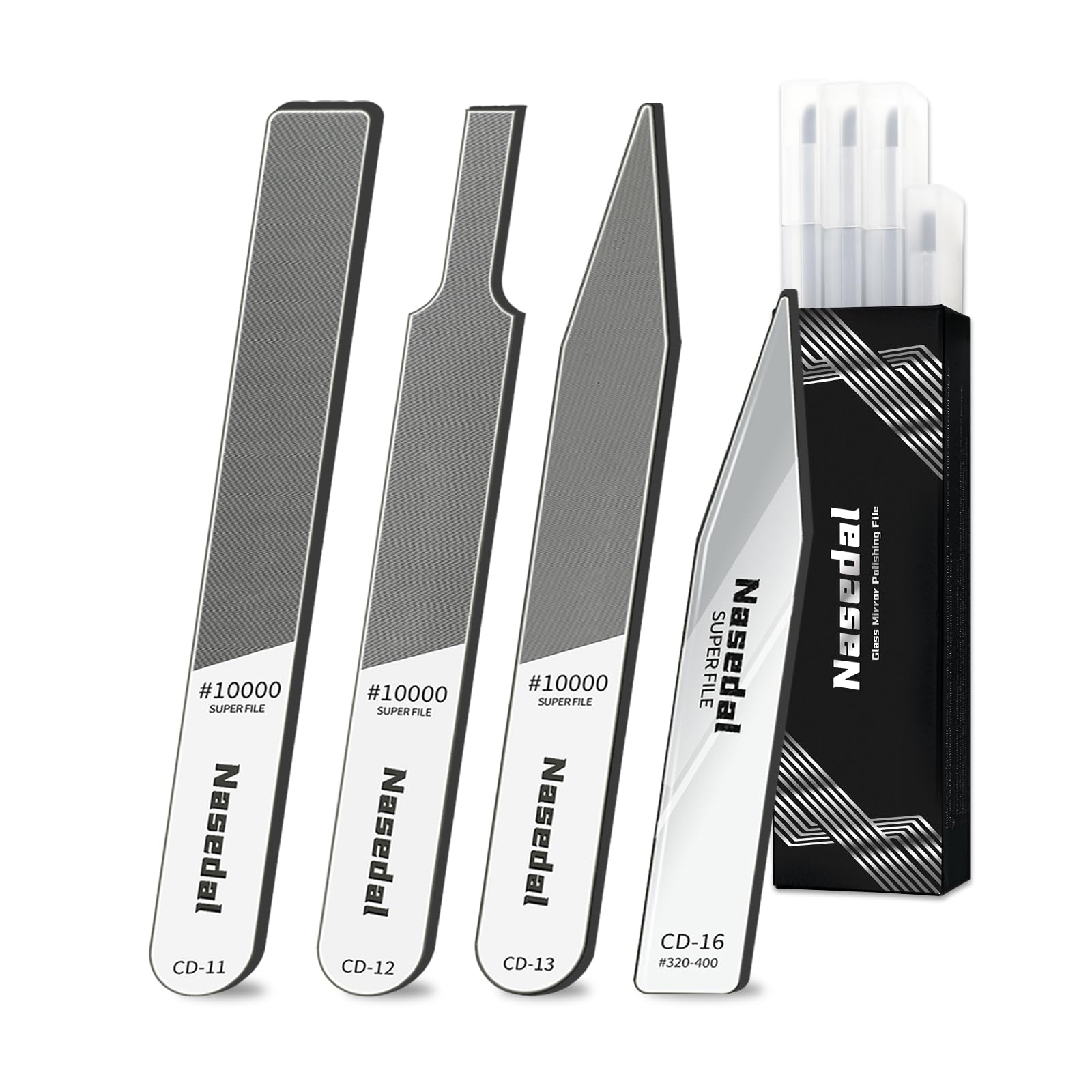 Nasedal 4pcs Hobby Model Glass File Kit for Gundam, Scale Model 3D Print Polishing Tool, 320-400/10000 Grit Ultra Fine Glass Mirror Sanding Files for Gundam, Plastic, Wood & Resin Parts