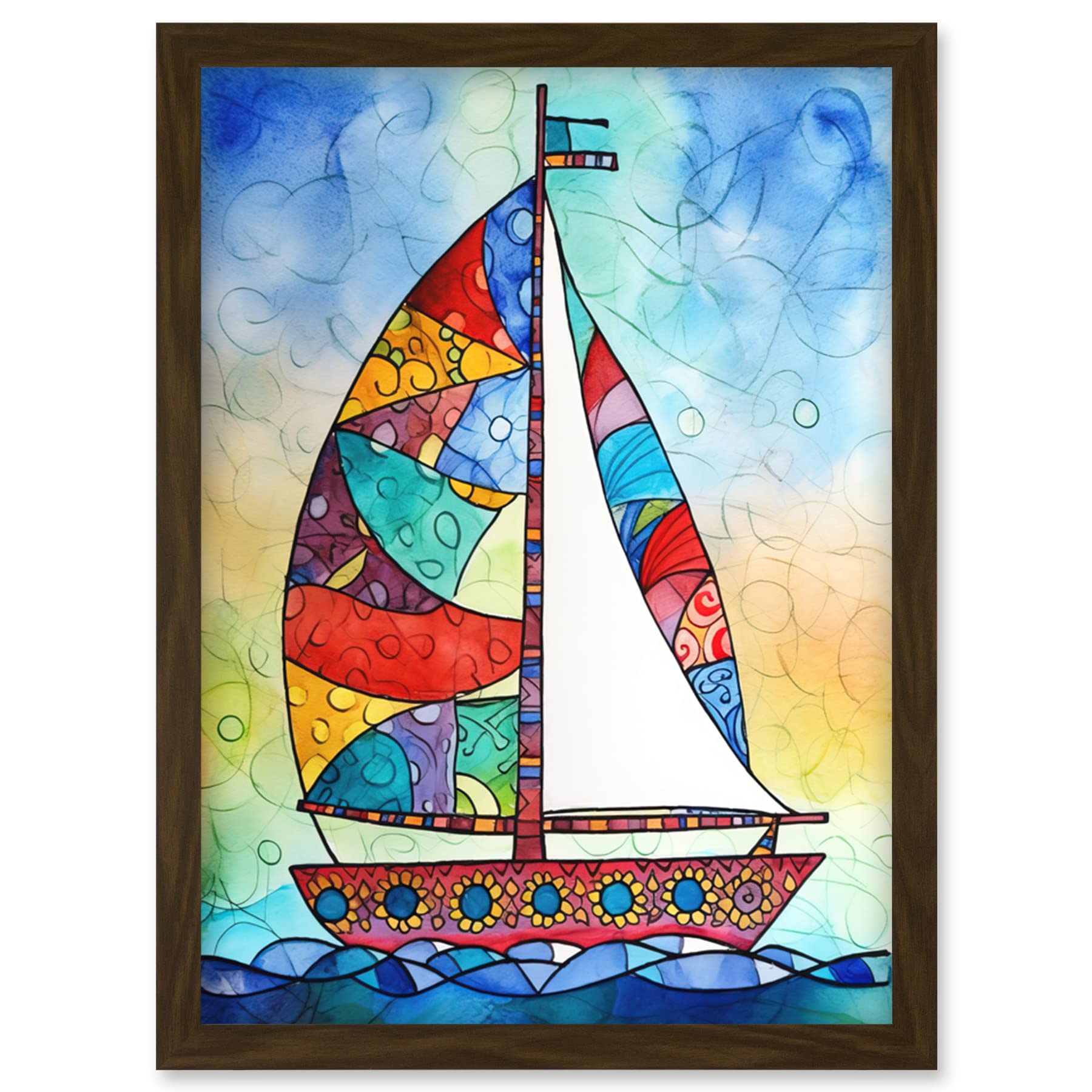 Artery8 Sailboat With Flower Pattern Folk Art Artwork Framed Wall Art Print A4