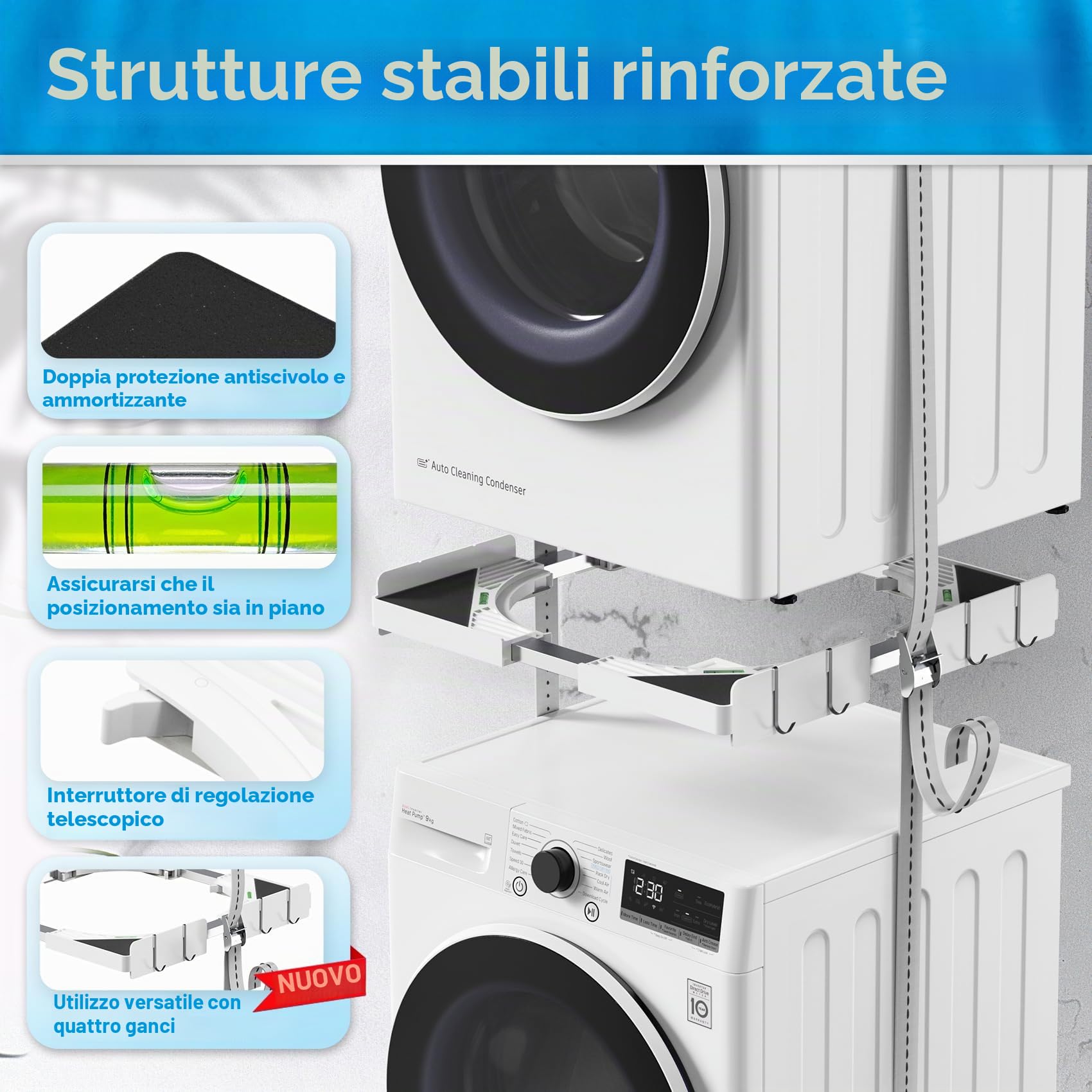 Slimline Kit Impilabile Universale per Lavatrice e Asciugatrice | Telaio Universale per Elettrodomestici da 45-68 cm, con Cinghie a Cricchetto, Cuscinetti Antiscivolo e 4 Ganci Salvaspazio