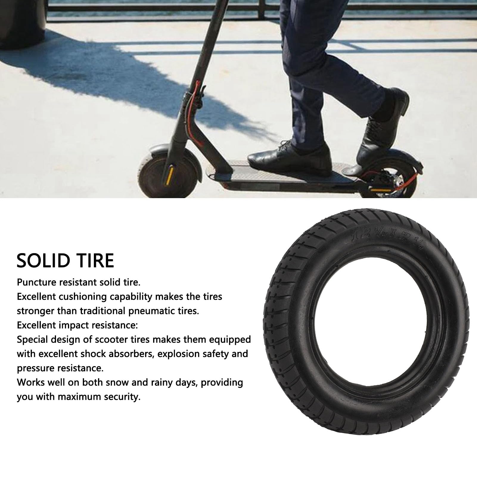 equlup Electric Scooter 12 Inch Solid Tyre 12 1/2x2 1/4 Tire Heavy Duty 12.5x2.25 Puncture Proof Rubber Tire Replacement