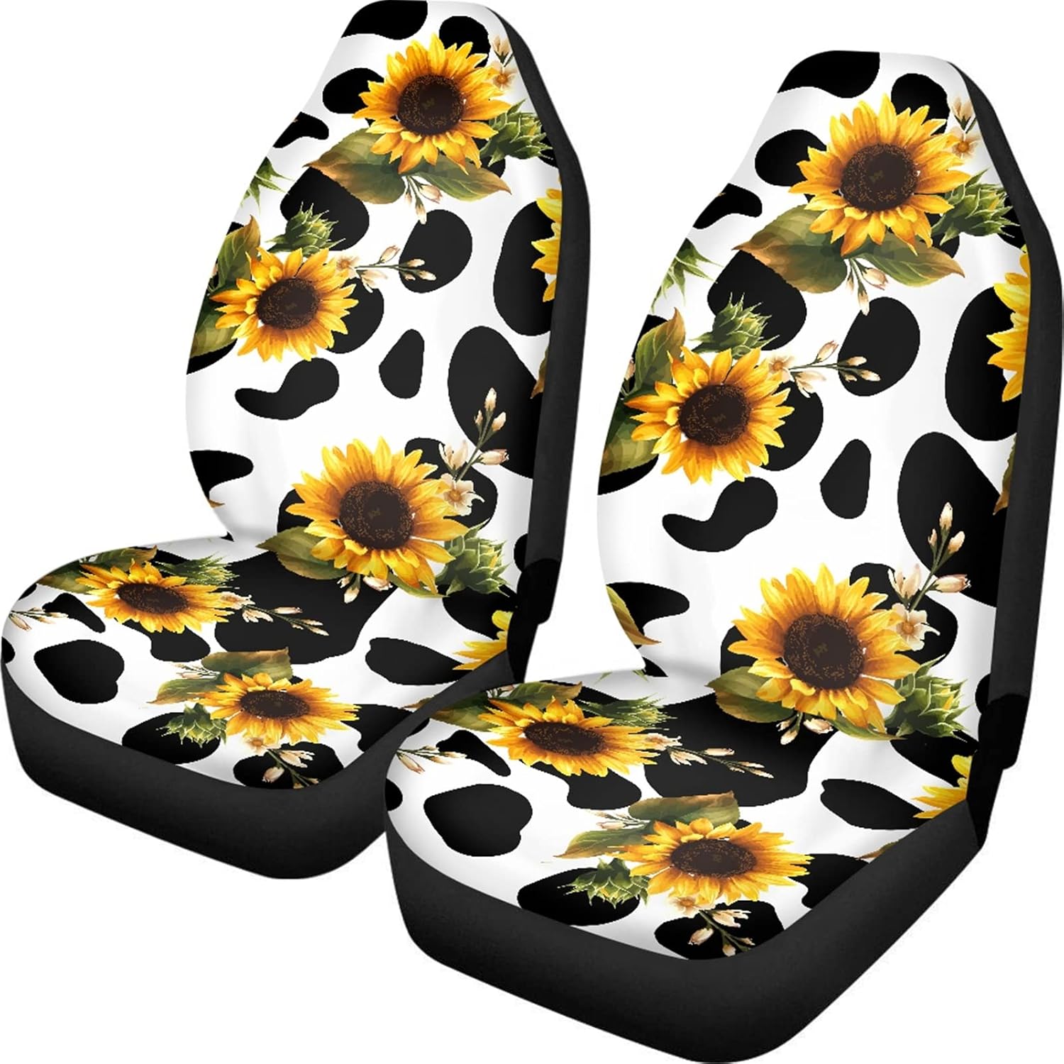JEOCODY Sunflowers Cow Print Car Seat Covers Automotive Seat Accessories Full Set of 2 Fits Most Trucks Sedans Vans SUVs