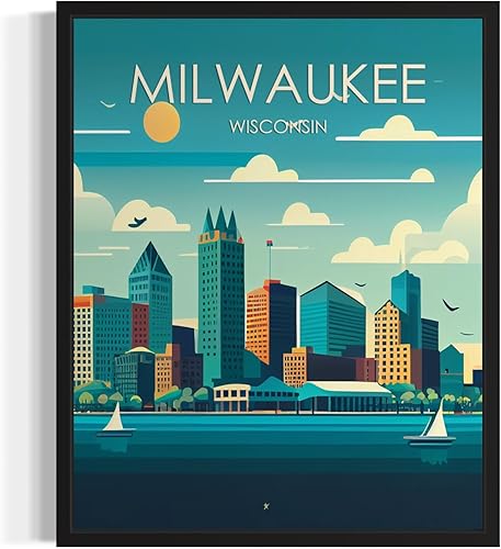 Milwaukee Poster Art Print, Retro City Mountain and Lake Landscape Artwork, Wall