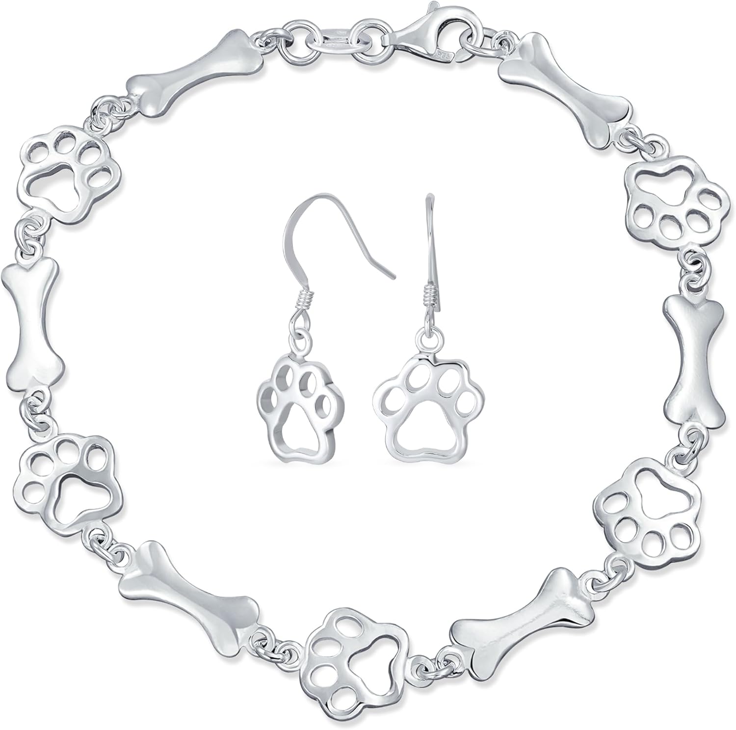 Layering Best Friend Animal Multi BFF Pet Lover Dog Puppy Link Multi Charm Bone & Paw Print Bracelet and Earrings Jewelry Set for Women Teenagers .925 Sterling Silver 7.5 Inch