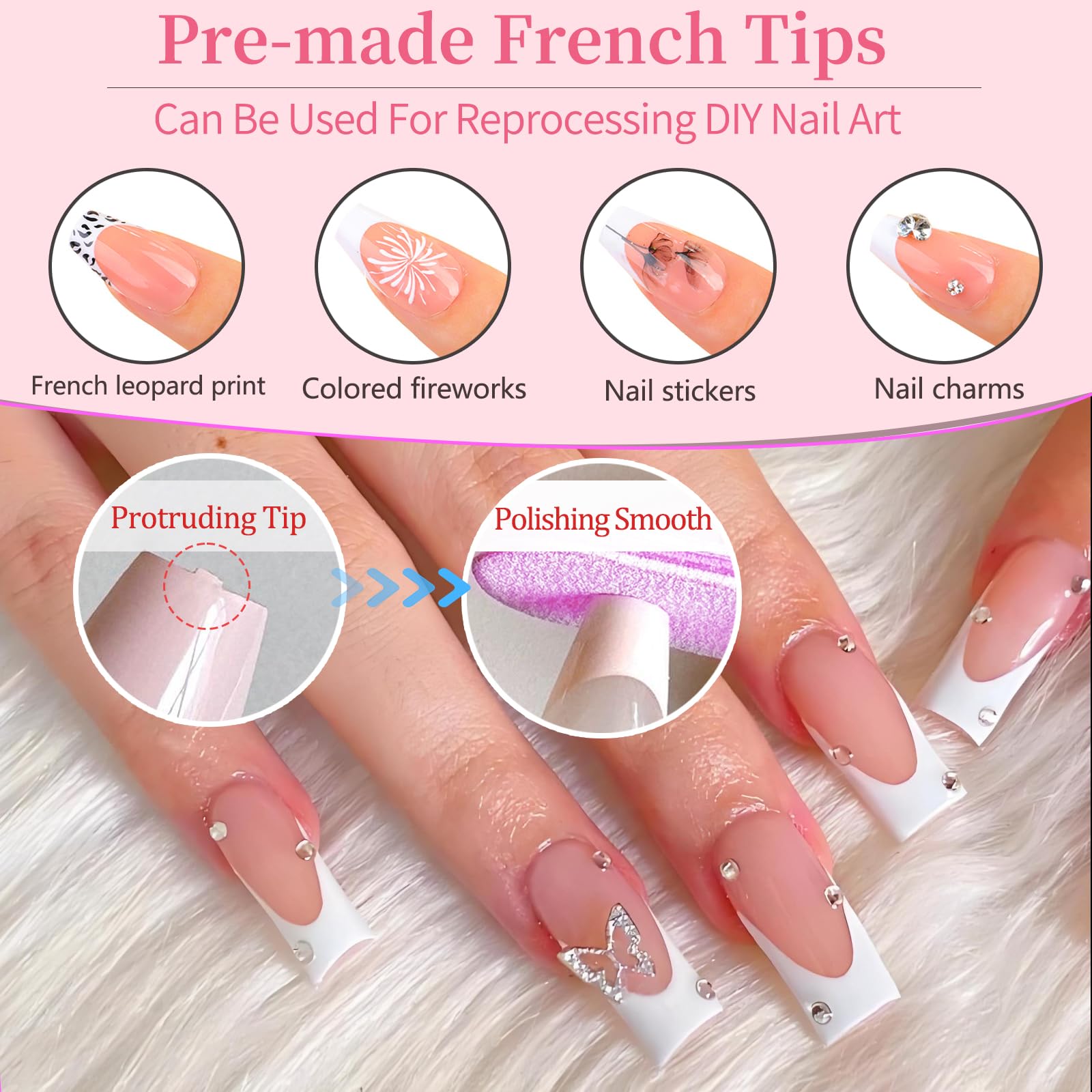 Kit da 240 unghie finte finte rosa nude con punta francese, unghie finte a bara super lunghe, unghie finte resistenti con colla