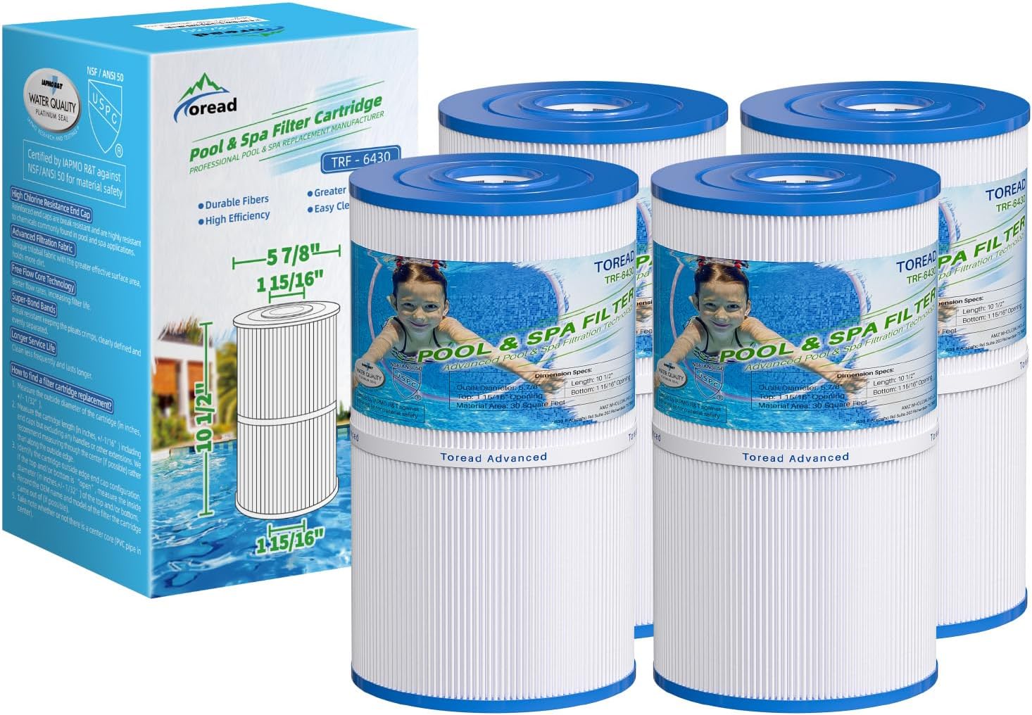 Watkins 31489 Replacement Filter, Compatible Pleatco PWK30, Unicel C-6430, Filbur FC-3915, P/N0969601, 71825, 73178, 73250, 30 sq. ft. Hot Spring Spa Filter (4, white)