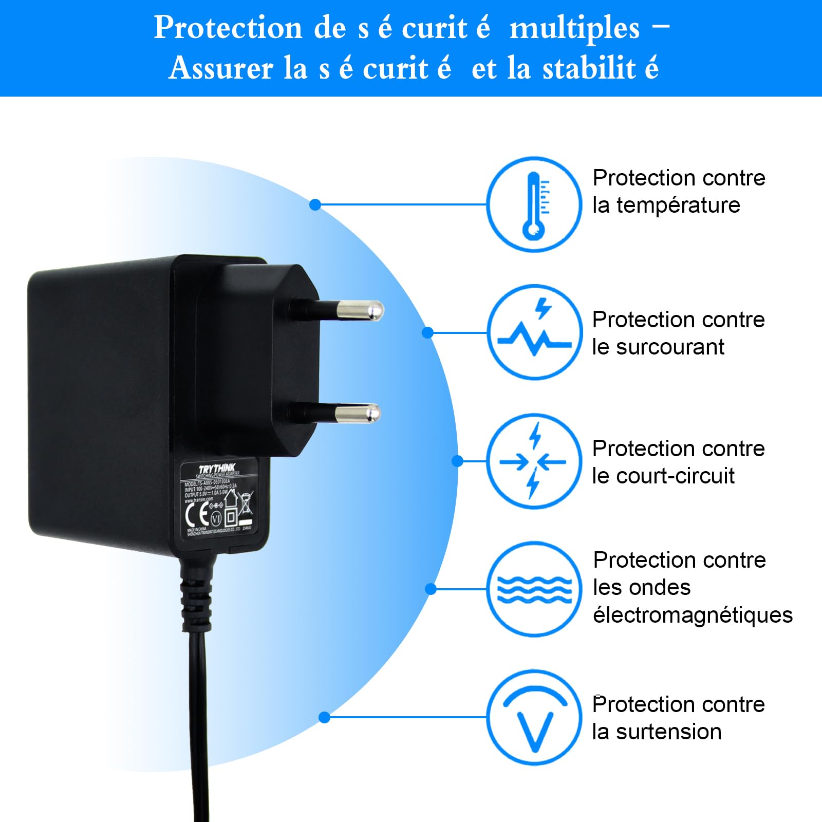 Adaptador de corriente AC a DC 5 V 1 A, enchufe de 5,5 mm x 2,1 mm — view 6