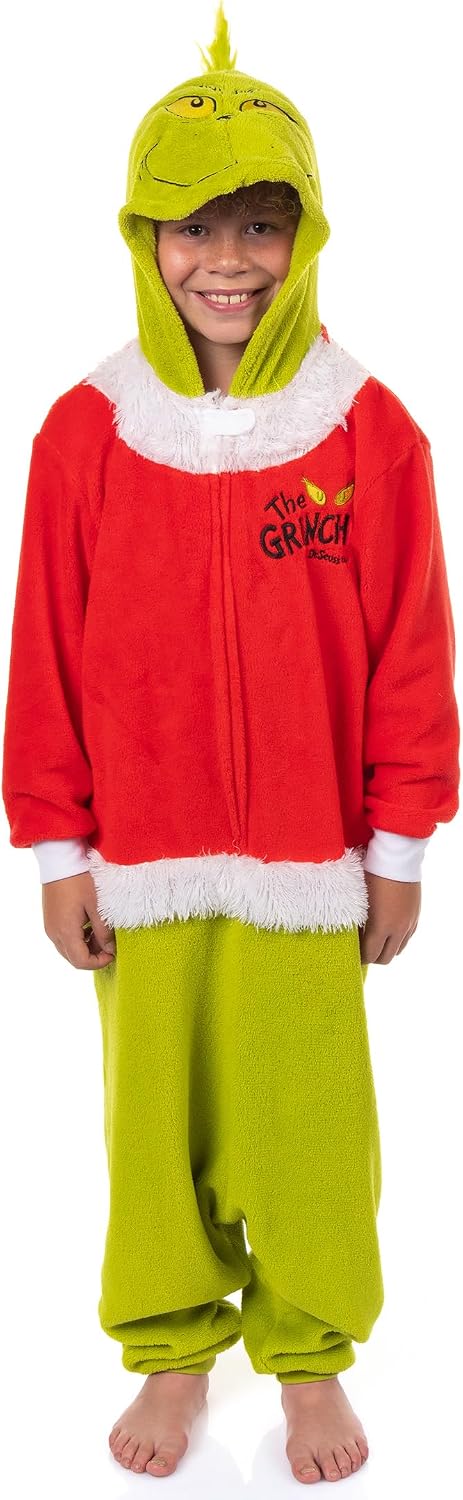 Dr. Seuss The Grinch Union Suit Big Kids Santa Claus Costume Kigurumi One Piece Hooded Pajama