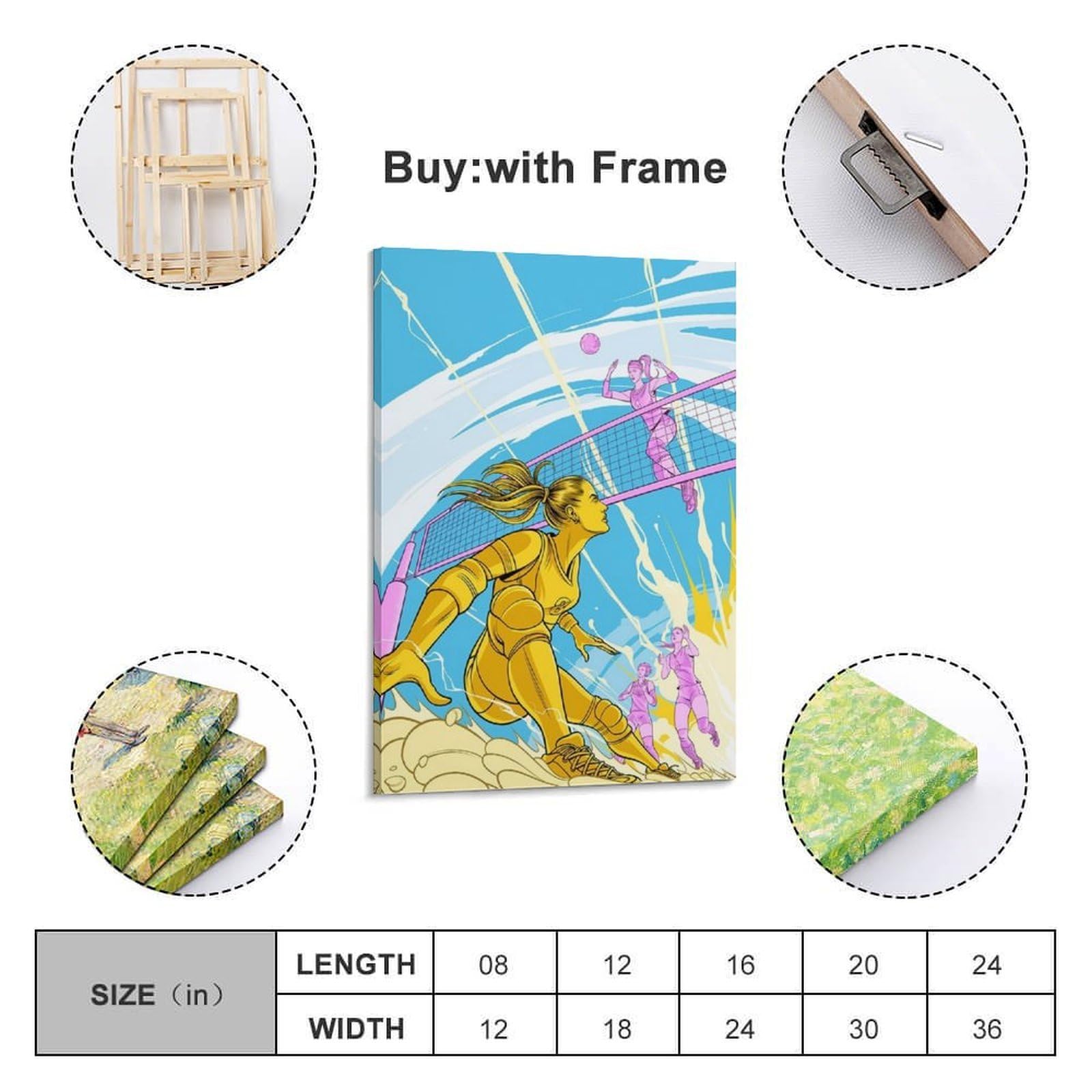 WIZIGM Poster dynamique sur toile style bande dessinée jeu de volleyball moderne décoration murale 50 x 75 cm style bande dessinée avec cadre