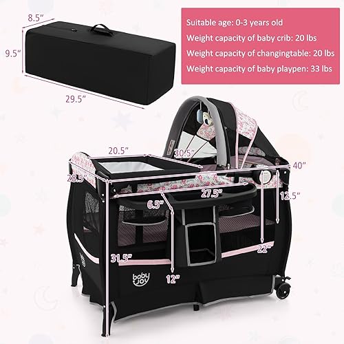 Miniatura 5 de BABY JOY 4 en 1 Pack and Play, corralito portátil para bebé con moisés y mesa cambiadora abatible, toldo, moisés infantil con cesta de