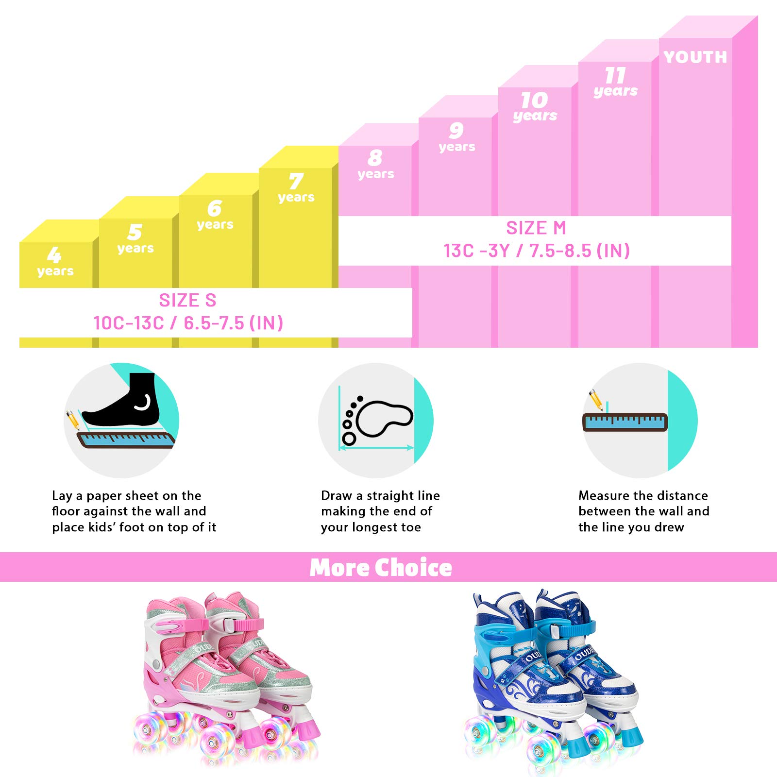 OUDEW Roller Skates for Girls Boys,Kids Beginners Skate with Light up