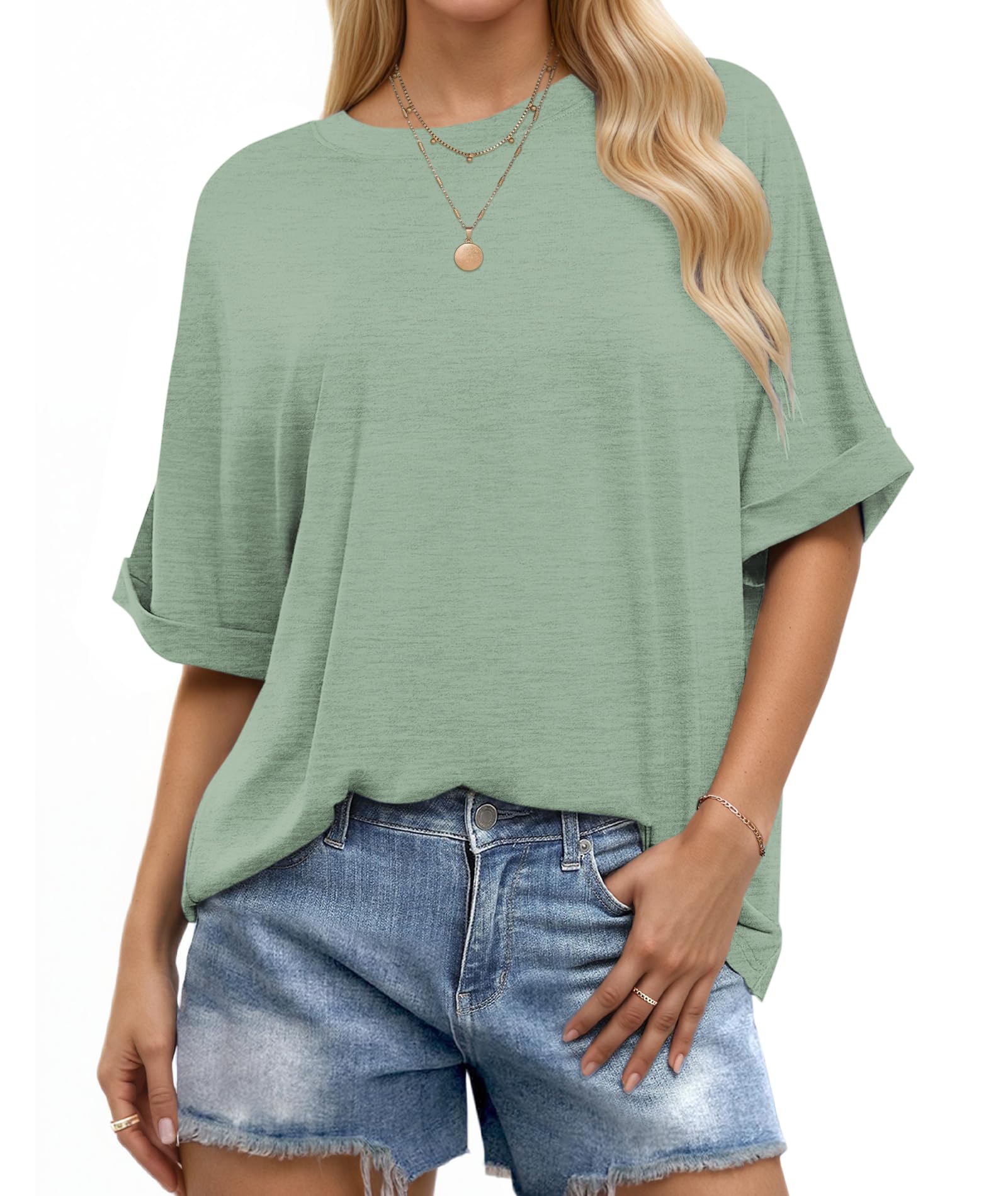 WNEEDU Oversize Shirt Damen Kurzarm Rundhals Oberteile Damen Sommer Basic T-Shirt Locker Lässige Top Oversize Bluse mit Gekrempelten Ärmeln