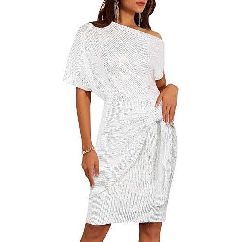 GRACE KARIN Women's Sequin Sparkly Glitter Party Club Dress One Shoulder Ruched Cocktail Bodycon Dress