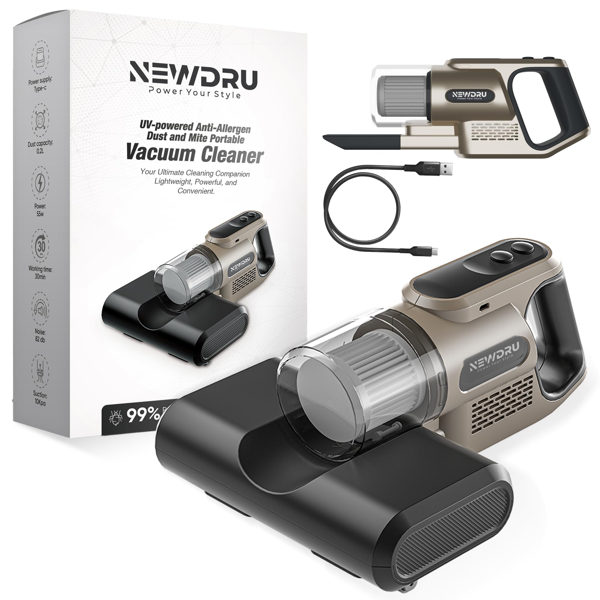 NEWDRU UV-Powered Portable Vacuum Cleaner for Sofa and Bed - Anti-Allergen Dust | High Suction Power with UV Sterilization | Compact Design - Gold-image-22