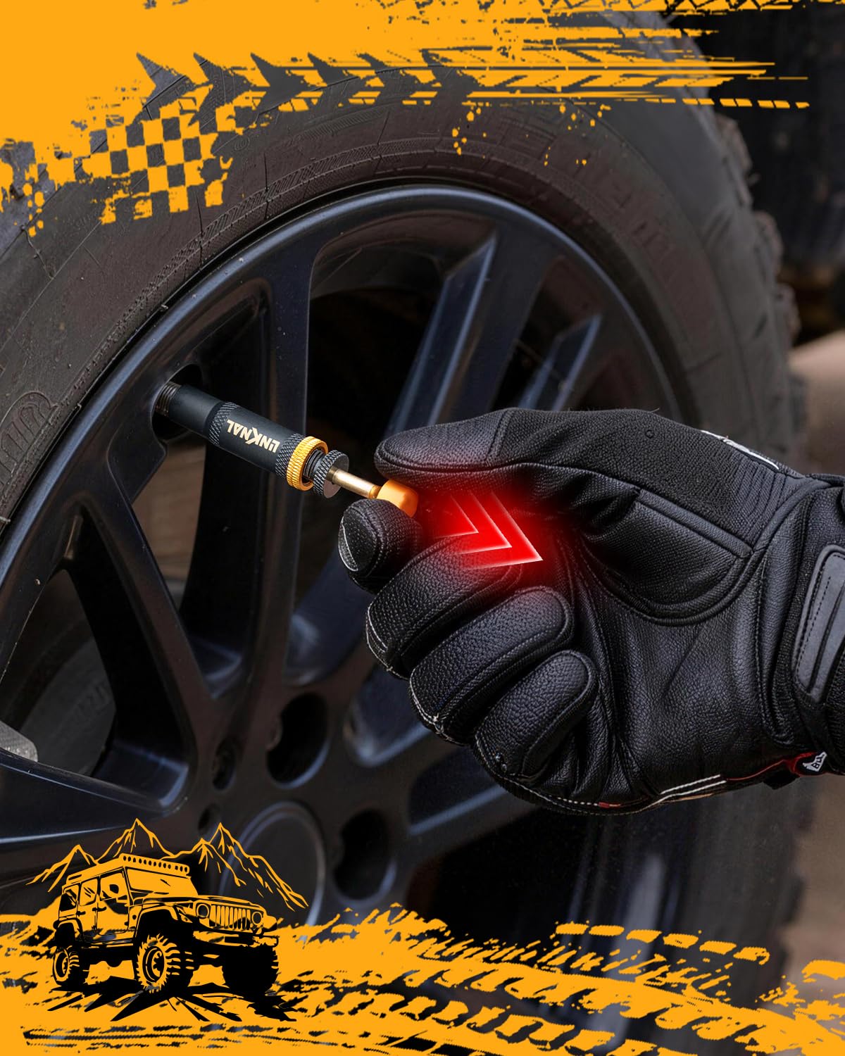 LINKNAL Kit de Valve de dégonflage de Pneu réglable (10–30 psi/0,7–2 Bar), 4 Outils à Visser pour Tout-Terrain, 4x4, Jeep, Camion, SUV – avec Sac de Rangement et 5 Bouchons de Valve