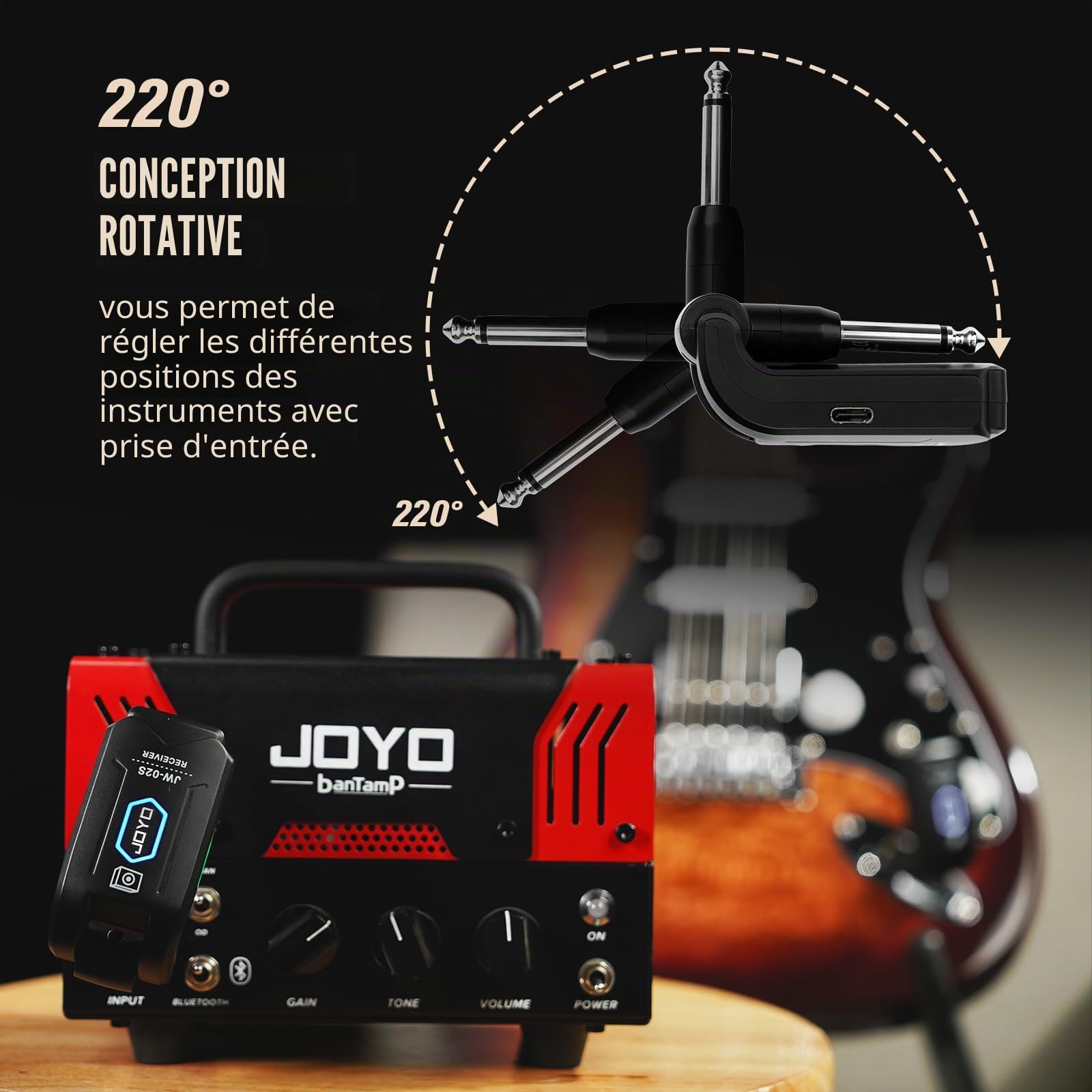 JOYO Système Guitare sans Fil 5.8 GHz - Émetteur-Récepteur Rechargeable 4 Canaux pour Guitare/Basse, Portée 20m (JW-02S)