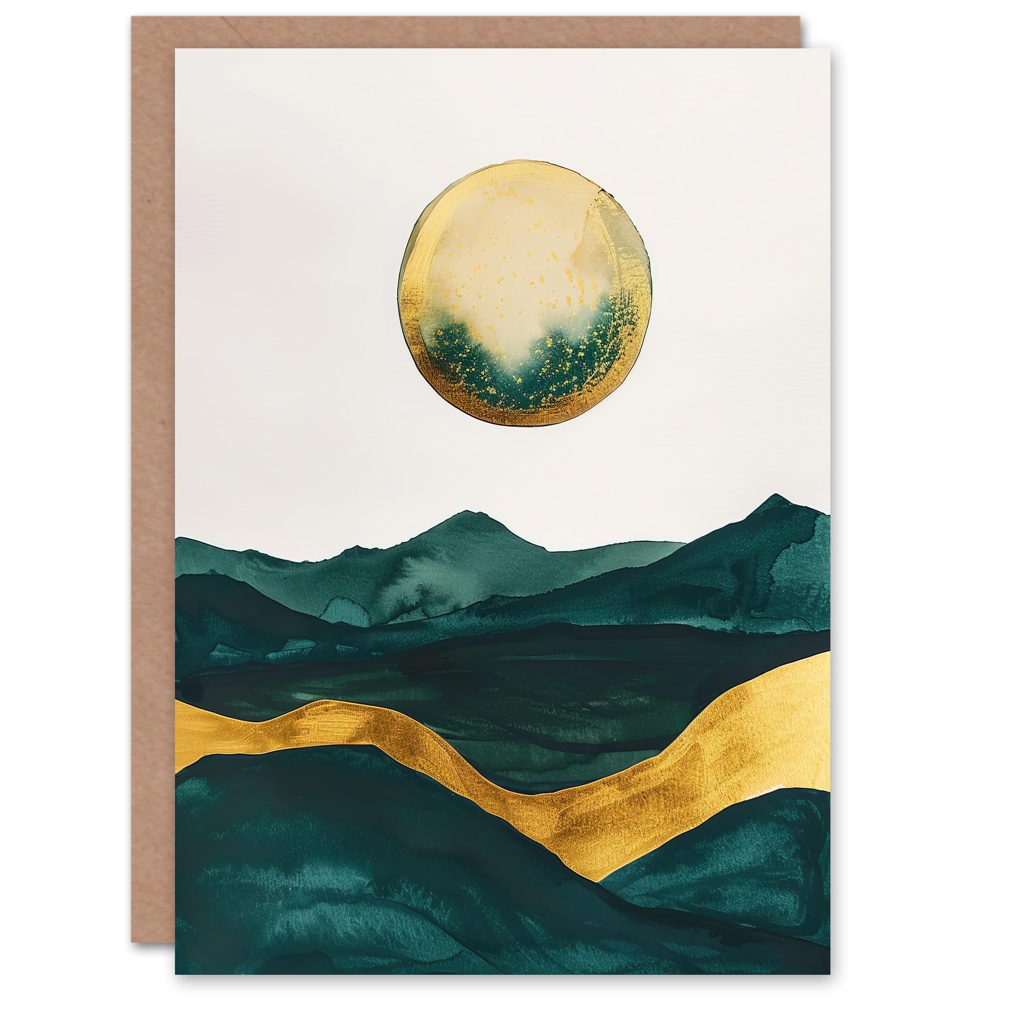 Artery8 Greeting Card Abstract Full Moon Seascape Dark Green Gold Boho Blank For Him Or Her Art Birthday Card