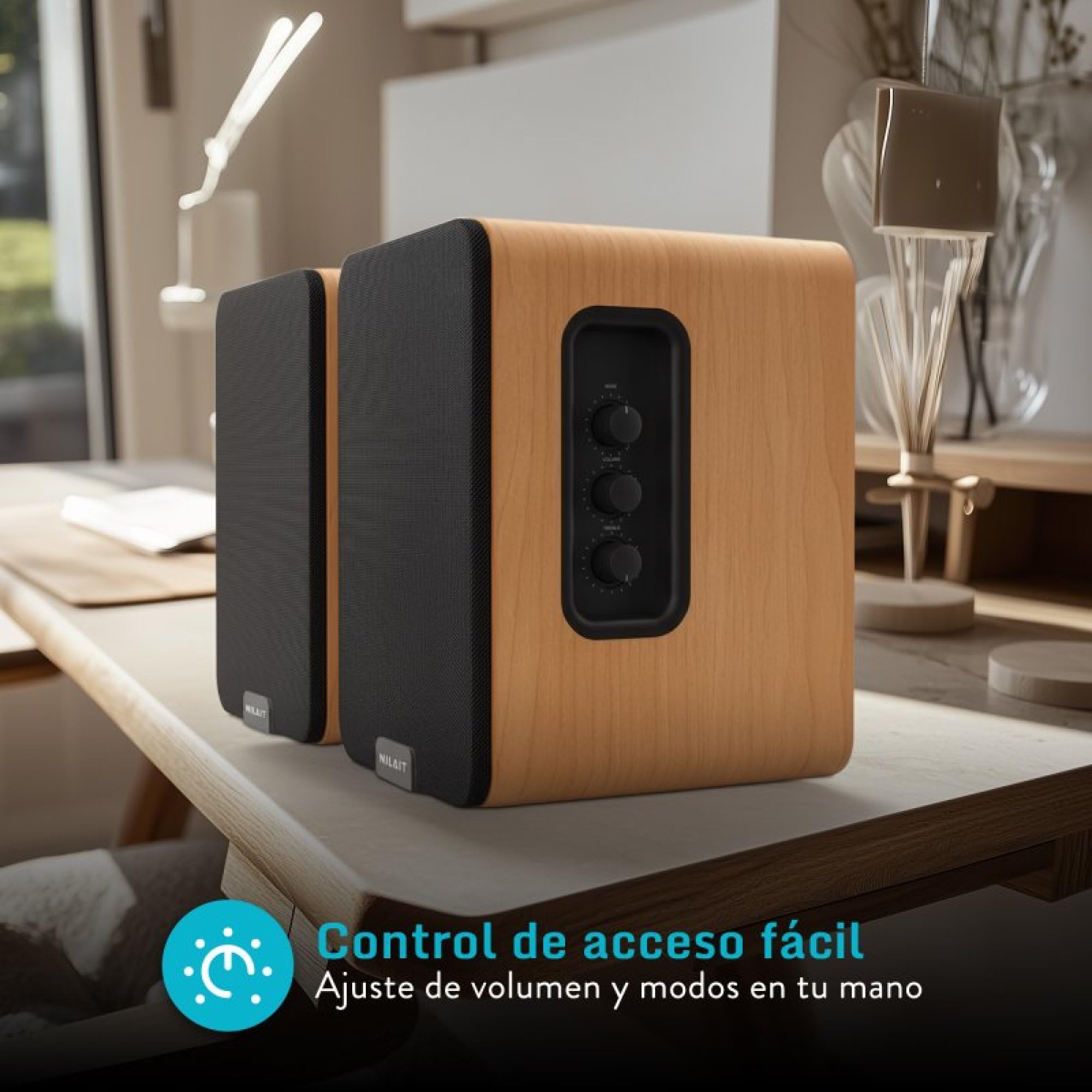 Nilait Hiphoniq Altavoces Bluetooth 80W RMS, Acabado Madera Marrón | Para TV y PC, HDMI ARC, Óptico, USB, RCA, AUX, Bluetooth 5.3, Modos Cine, Música, Diálogo, Mando a Distancia