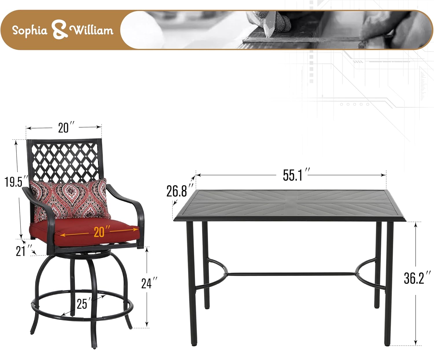Sophia & William Patio Bar Set 5 Piece Outdoor High Dining Table and Chairs Set, 4 Swivel Bar Stools and 1 Rectangular Bar Height Table, All-Weather Metal Furniture Set with Red Cushion