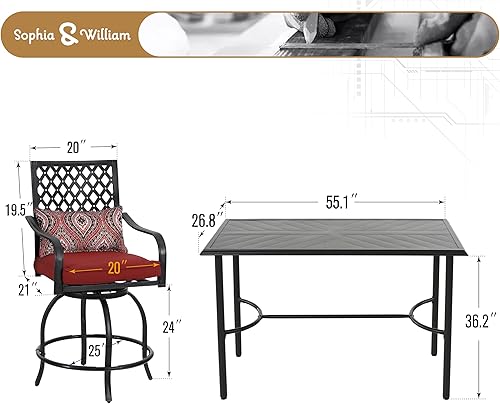 Miniatura 36 de Sophia & William Juego de 5 piezas de mesa de comedor y sillas de patio al aire libre, juego de muebles de 4 taburetes giratorios con cojín rojo y 1