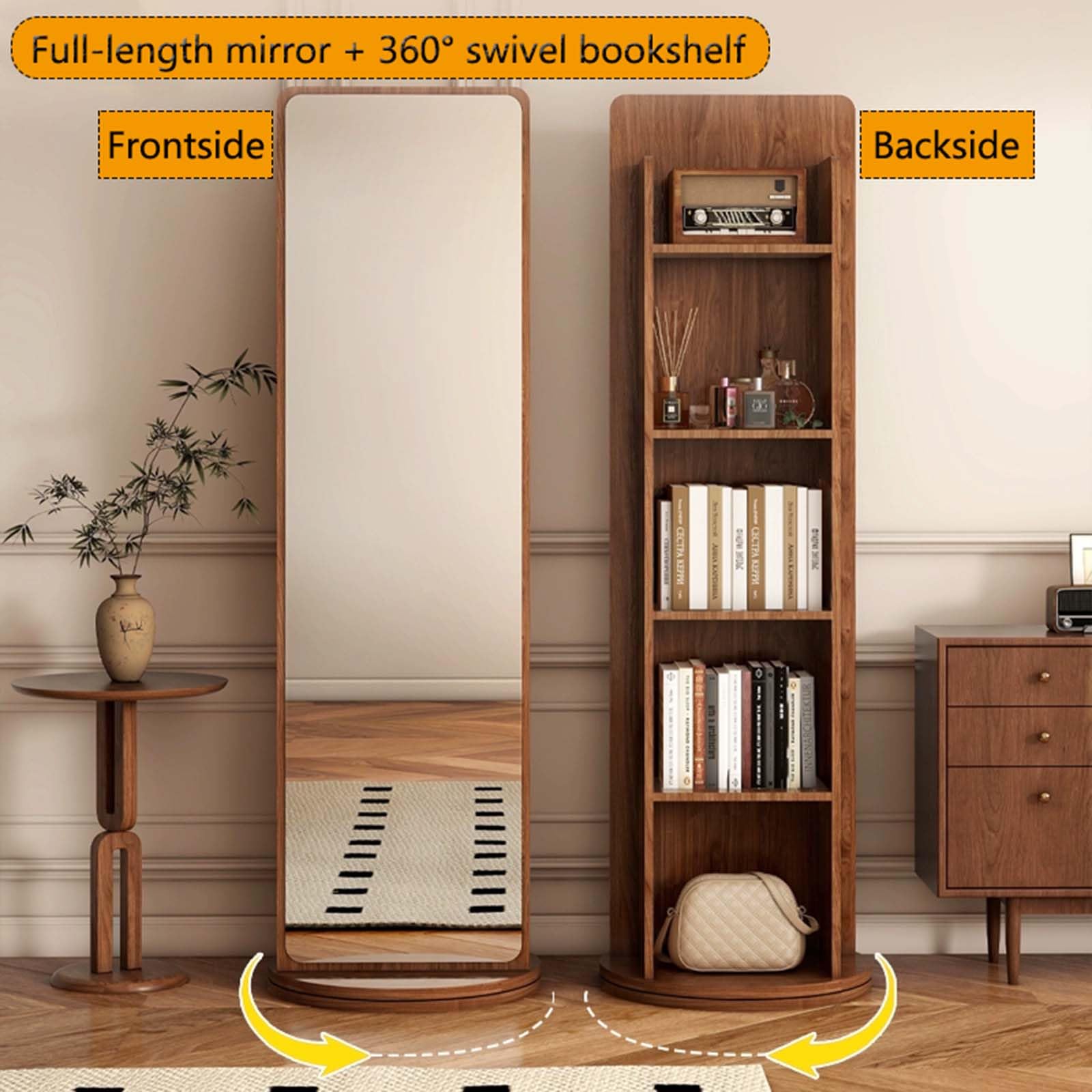 Specchio a Figura Intera con Scaffale di Stoccaggio, Specchi da Girevole a 360° e Libreria a 5 Livelli, Specchio da Pavimento per Camera da Letto e Soggiorno
