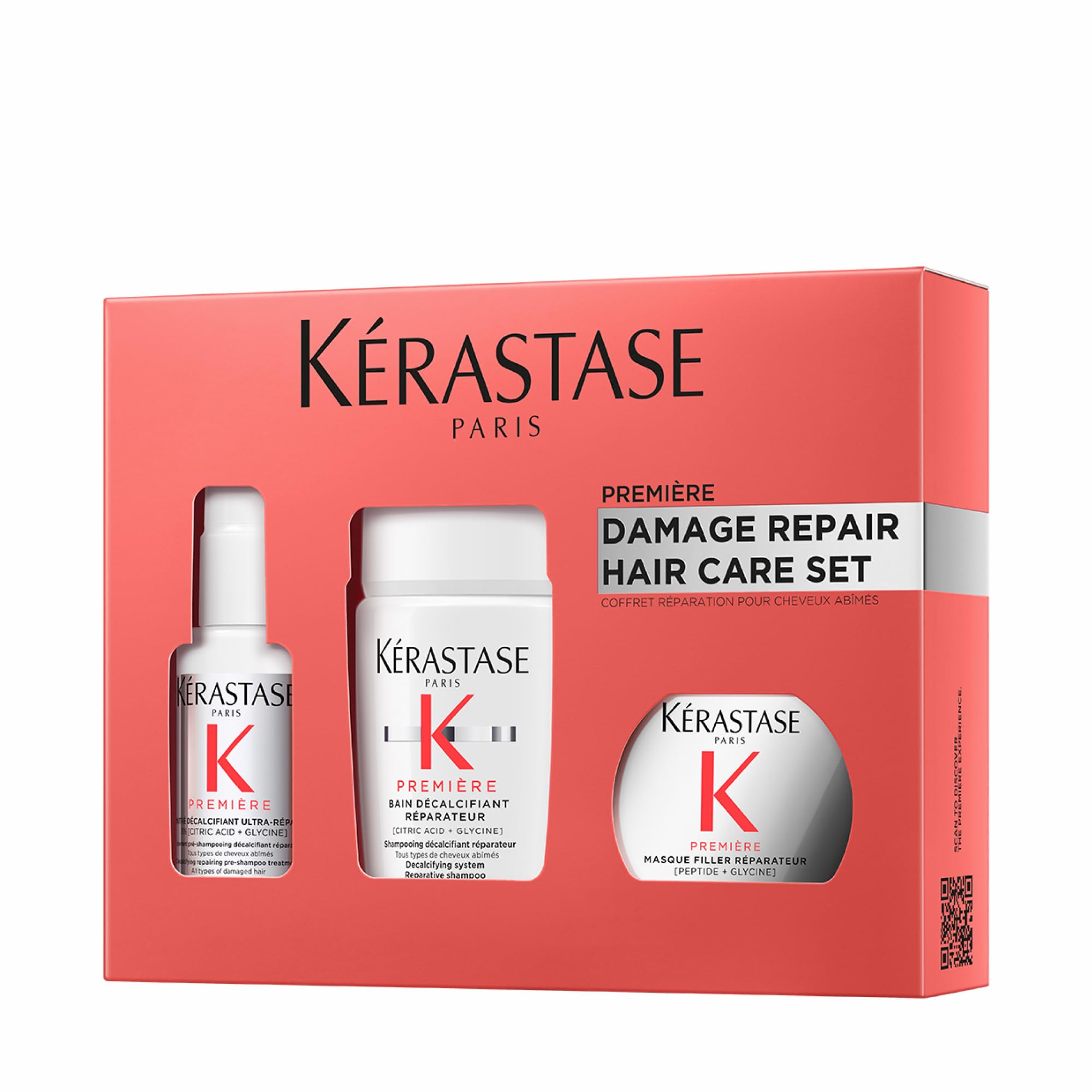 Kérastase, Première, bakım rutini, şampuan, şampuan ve saç maskesi, hasarlı saçlar için, Concentré Décalcifiant Ultra-Réparateur, Bain Décalcifiant Rénovateur & Masque Filler Réparateur