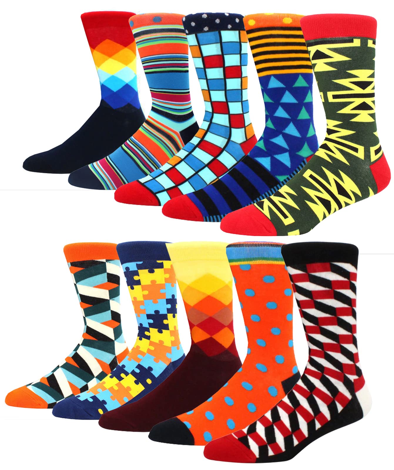 HIWEAR Mens Socks- Colorful Funky Novelty Design Rich Cotton,Men's Comfort Dress Calf Socks Multipack (UK, Alpha, One Size, Regular, Regular, Multicolor -10P-1)