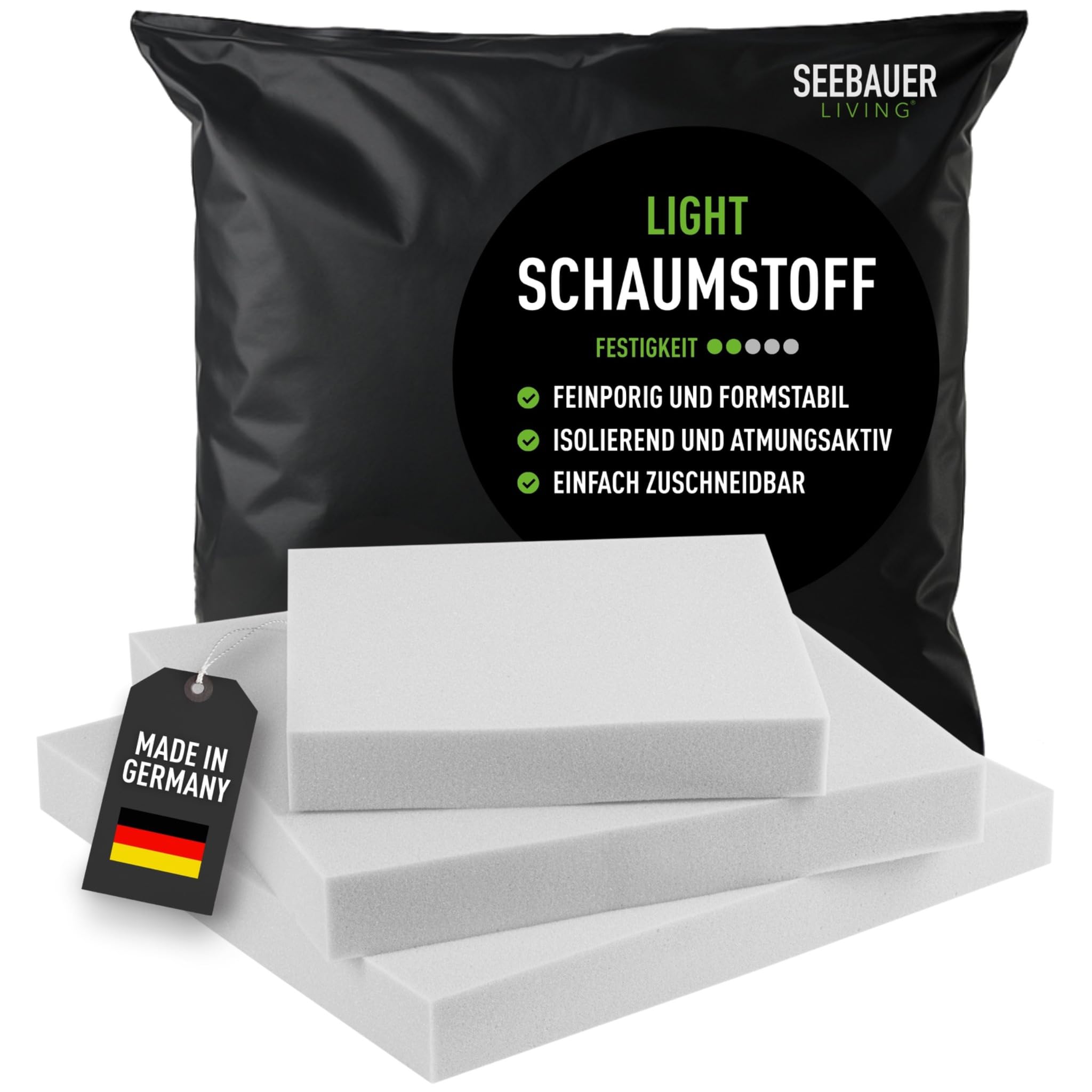 Schaumstoff Light RG 26/40 (Mittelfest) 40 x 40 x 2 cm Schaumstoffplatte für Polster und Sitzkissen, Polsterschaumstoff als Zuschnitt für Sitzpolster