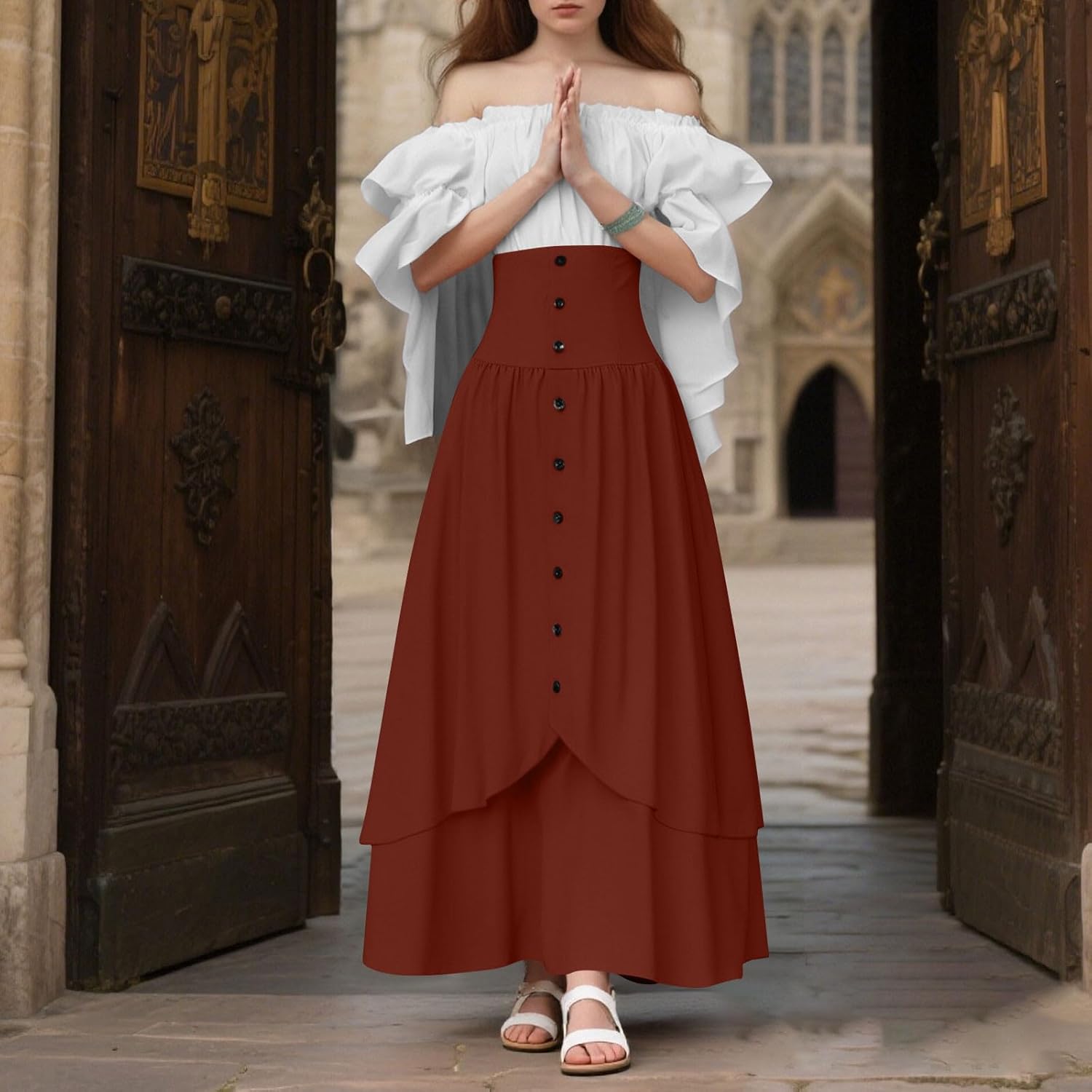 Akklian Women Renaissance Costume Elegant Off Shoulder Medieval Victorian High Waisted Button Down Fairy Corset Long Dresses