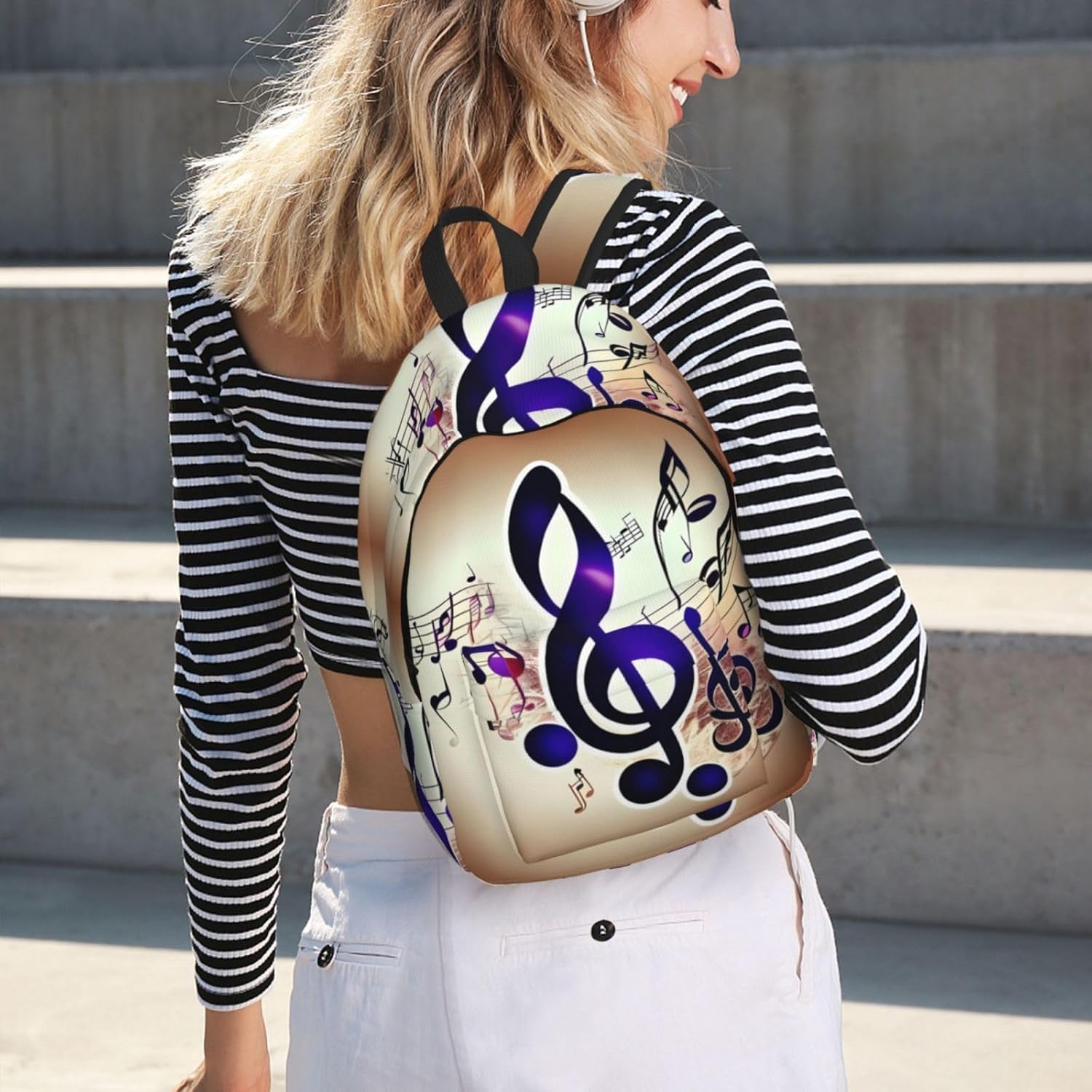 Purple Music Notes Print Canvas Laptop Backpack Outdoor Casual Travel Bag Daypack Book Bag For Men Women