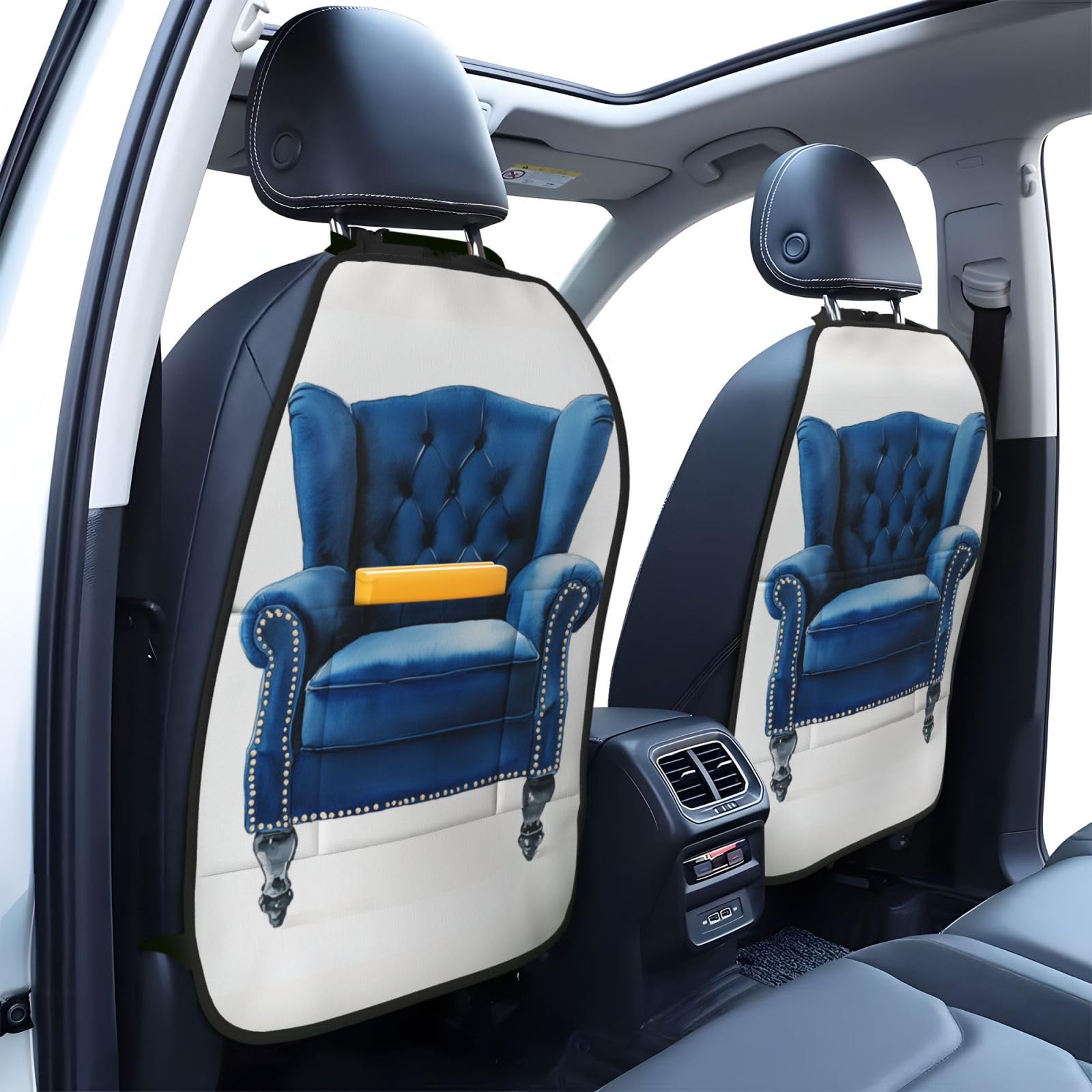 Watercolor Preppy Blue Velvet Chair Car Seat Back Kick Protectors,2 Pack Kick Mats With Storage Pockets For Vehicles To Protect From Dirt Mud Scratches