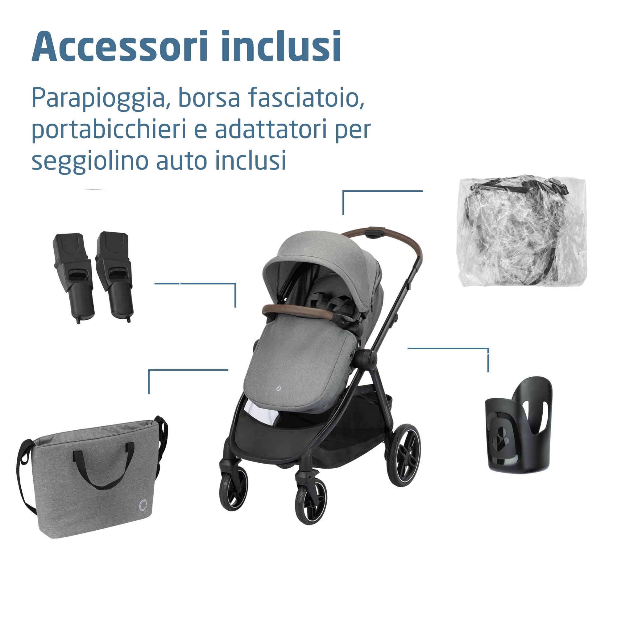Maxi Cosi Zelia Select Trio, Passeggino Trio Con Seggiolino Auto, 0-4 anni (0-22 kg), Passeggino Neonato Compatto e Reversibile, Seggiolino Auto CabrioFix S i-Size e Borsa Passeggino, Grigio