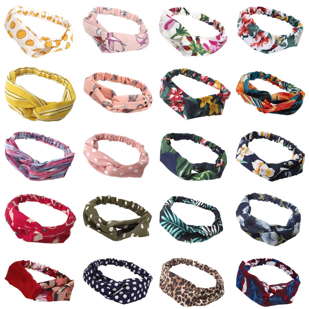 20 Pack Women Headbands with Twist Knot Boho Flower Print Criss Cross Head Wrap Elastic Hair Band - A : Beauty & Personal Care