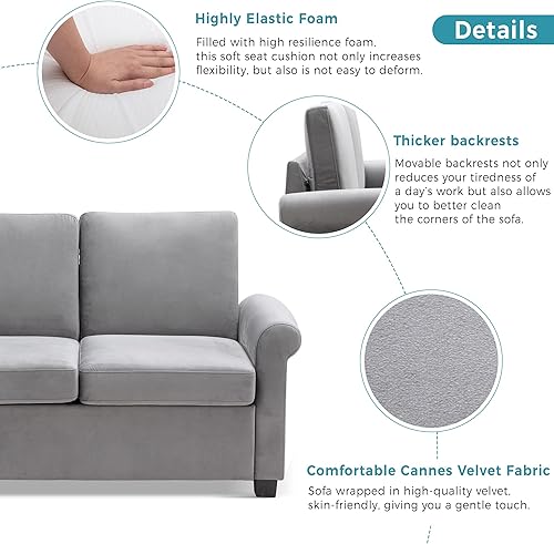 Miniatura 135 de Sofá cama biplaza de terciopelo convertible y moderno con cama desplegable, respaldo ajustable y 2 almohadas lumbares, para espacios pequeños (gris
