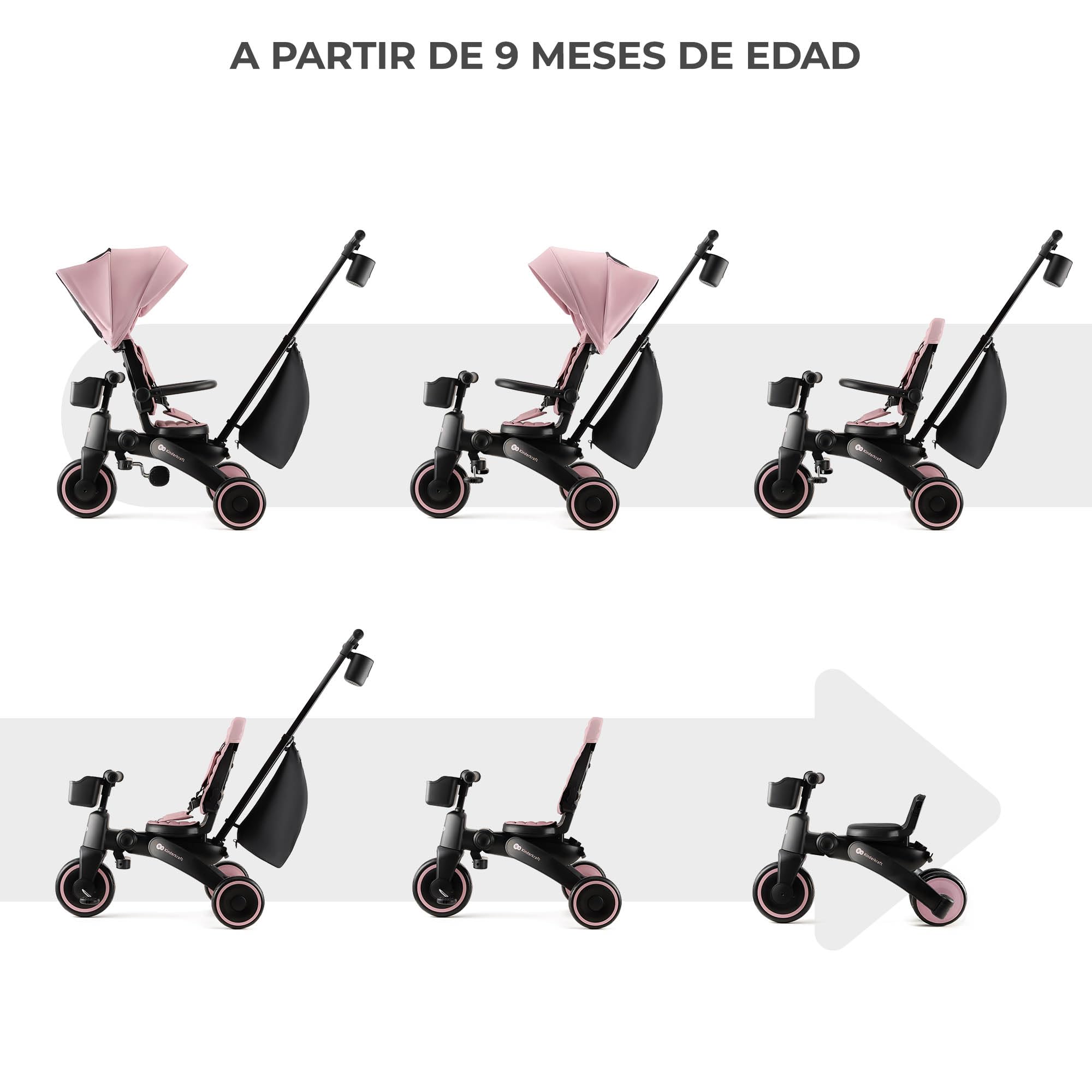 Kinderkraft JAZZ2 Triciclo 6 en 1, con función de Rueda para niños, Cochecito Plegable con Accesorios, protección UV UPF50+, de 9 Meses a 5 años, Rosa